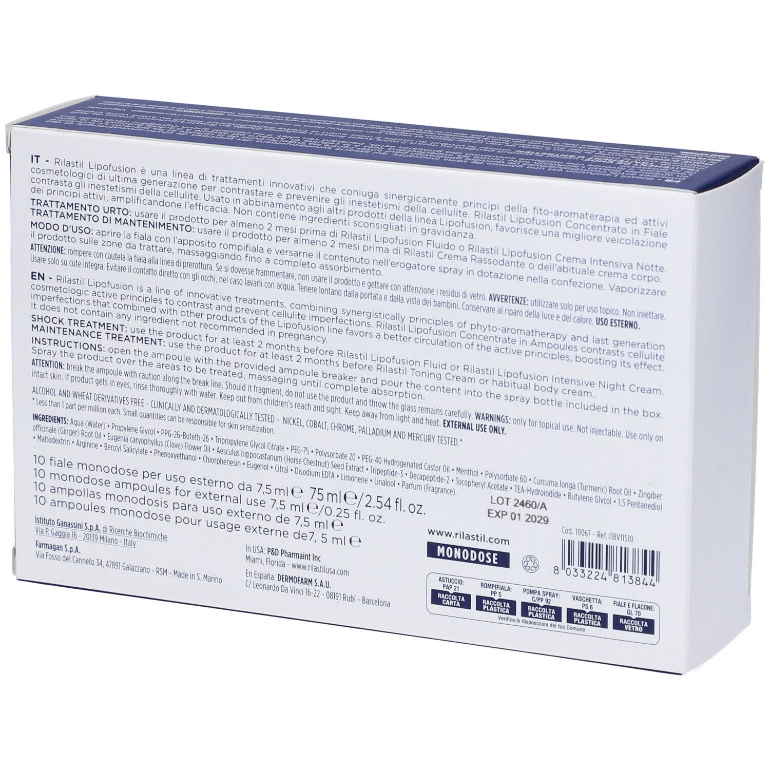 Dos de l'emballage RILASTIL Lipofusion. Texte en plusieurs langues. Avec informations et mode d'emploi.