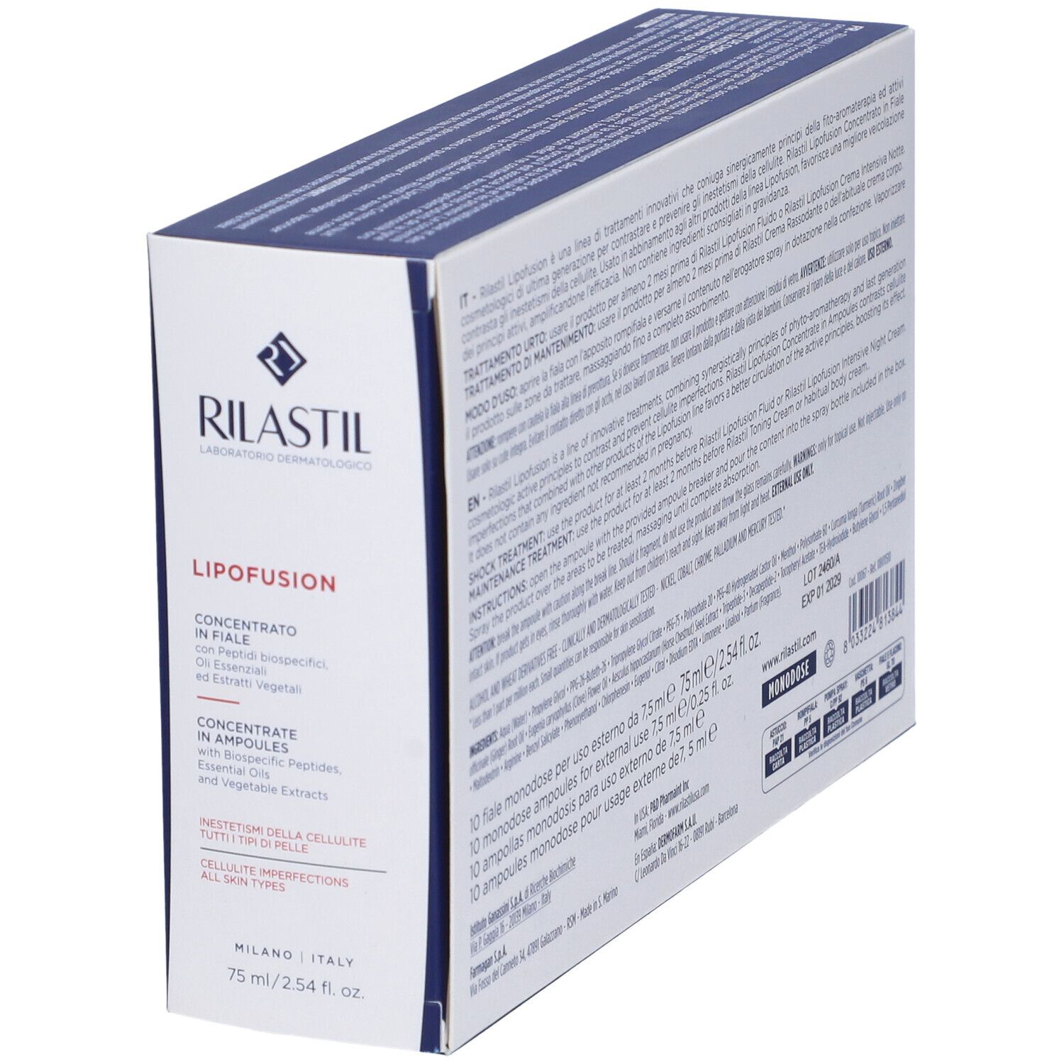 Boîte RILASTIL Lipofusion, en biais. Texte: Concentrate in Ampoules, 75 ml. Avec logo et image d'ampoules.