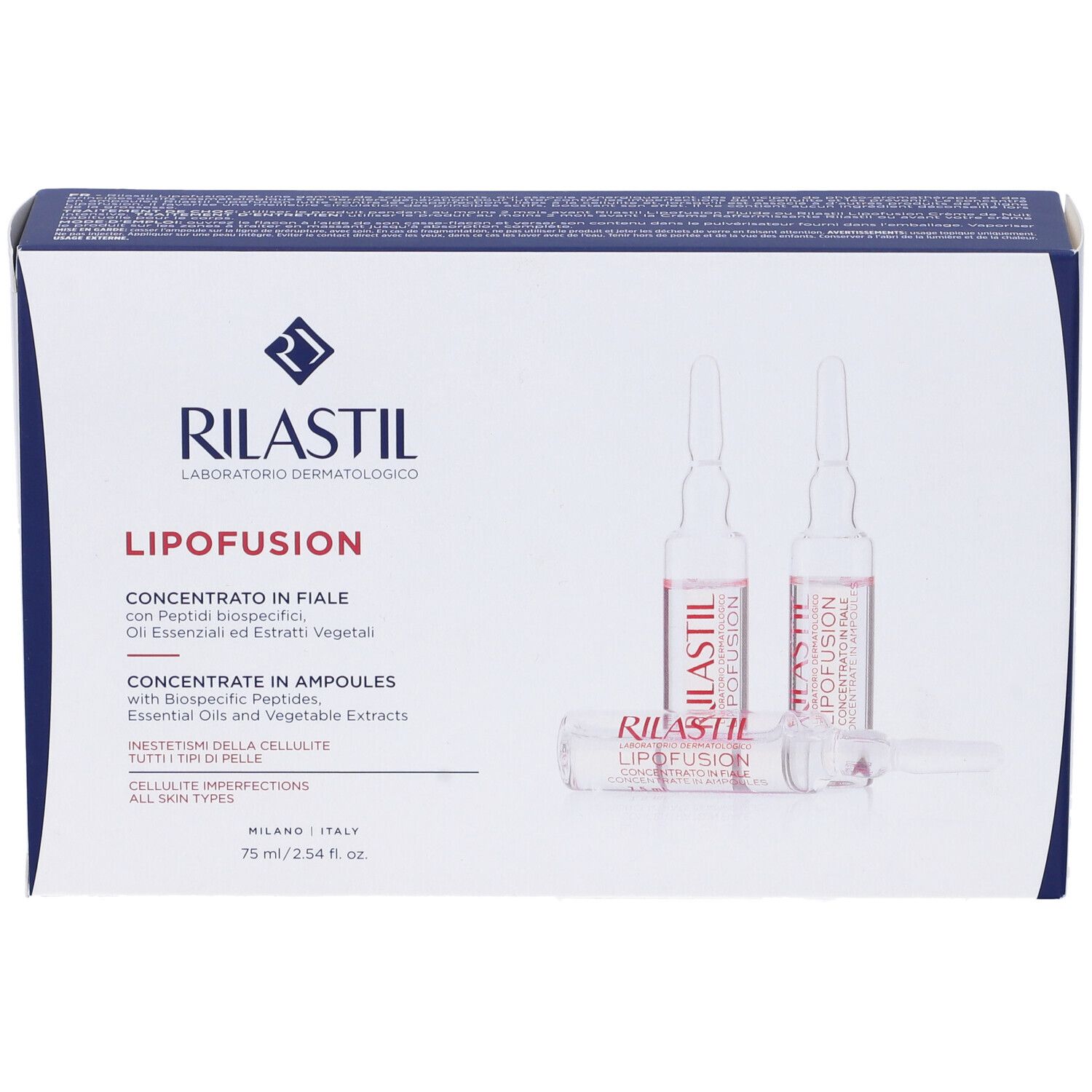 Emballage RILASTIL Lipofusion. Contient des ampoules. Texte: Concentrate in Ampoules, 75 ml. Avec logo.