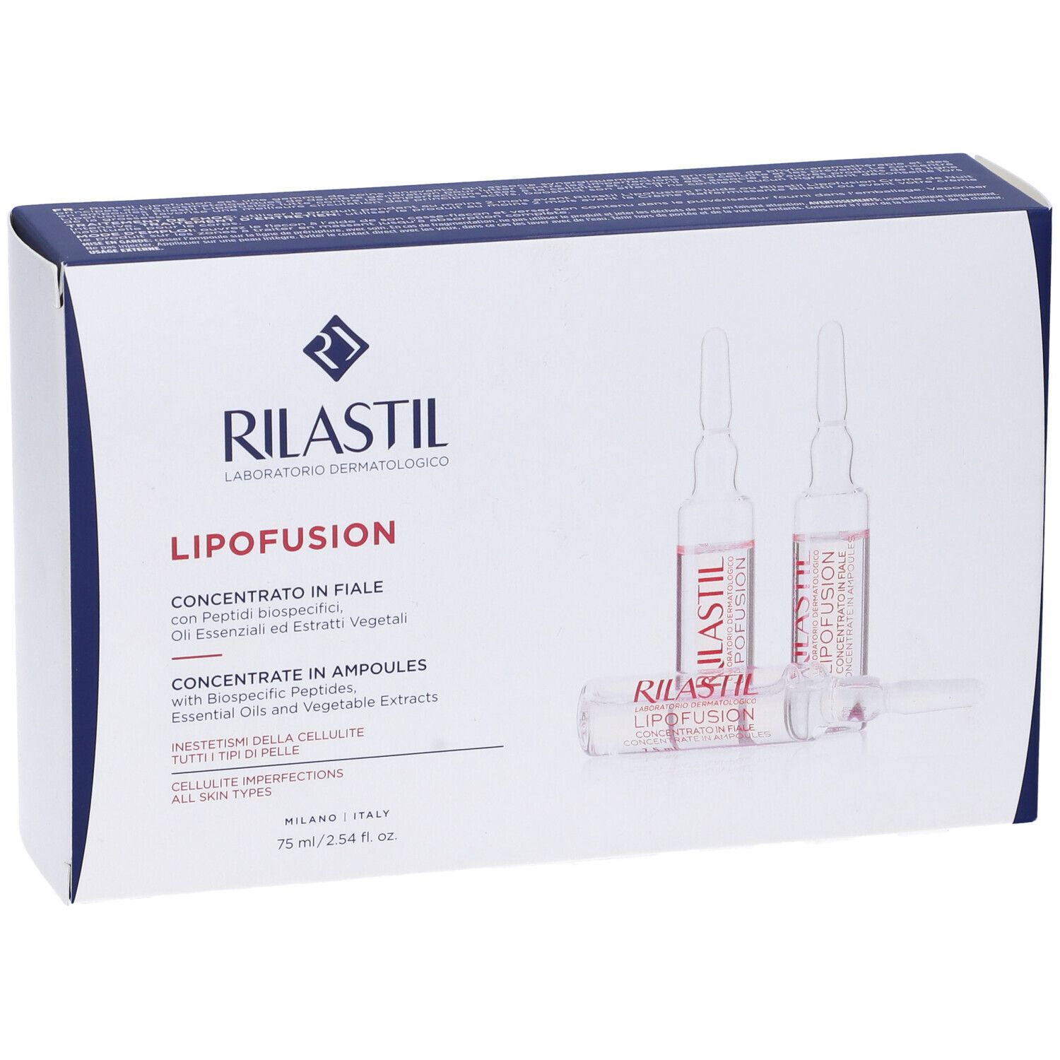 Emballage RILASTIL Lipofusion. Contient des ampoules. Texte: Concentrate in Ampoules, 75 ml. Avec logo.
