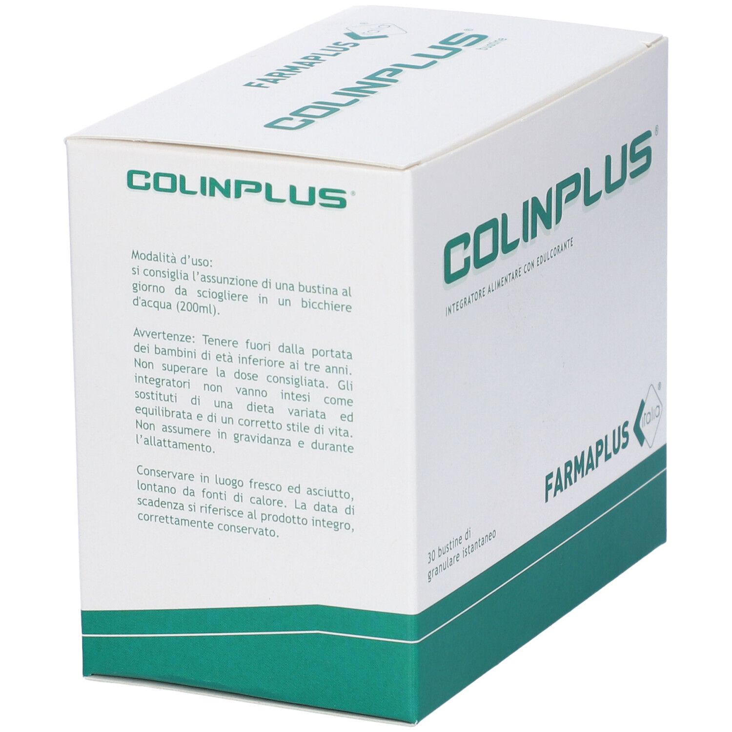 Boîte blanche COLINPLUS avec accents verts. Texte sur l'utilisation et les avertissements.