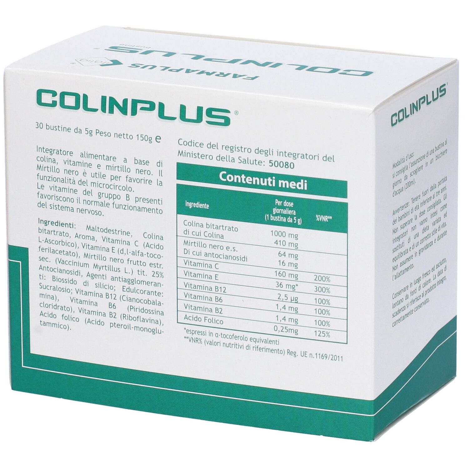 Boîte blanche COLINPLUS avec accents verts. Liste des ingrédients et informations nutritionnelles.