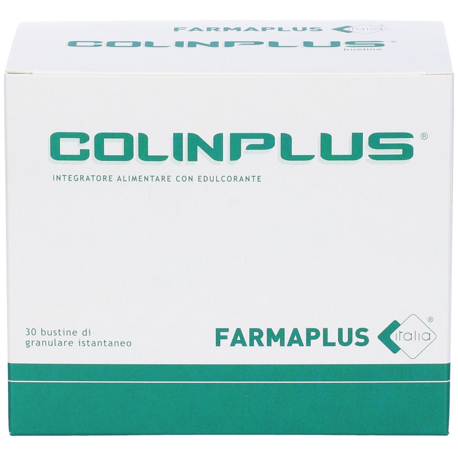 Boîte blanche COLINPLUS avec logo et accents verts. Contient 30 sachets. Marque FARMAPLUS.