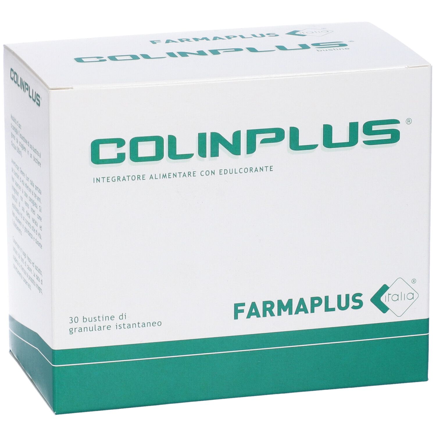 Boîte blanche COLINPLUS avec logo et accents verts. Contient 30 sachets. Marque FARMAPLUS.