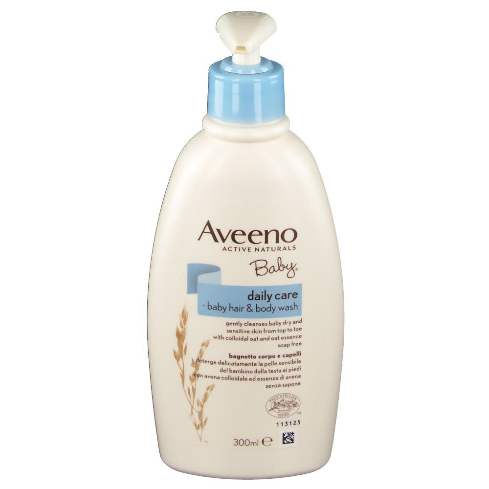 Weißliche Baby-Körper- und Haarwaschflasche mit blauem Pumpkopf. Aufschrift: Aveeno Baby, daily care, baby hair & body wash.
