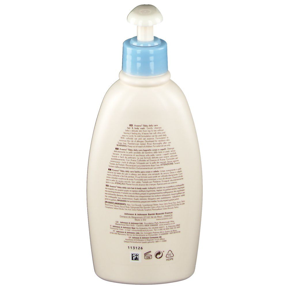 Rückseite einer weißen Baby-Körper- und Haarwaschflasche. Text in mehreren Sprachen. Produkt: Aveeno Baby.
