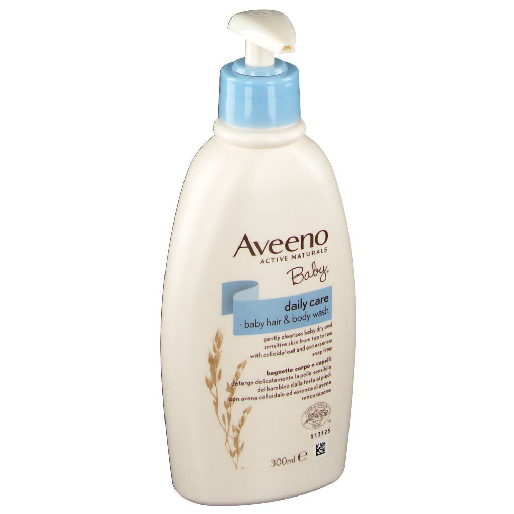 Weißliche Baby-Körper- und Haarwaschflasche mit blauem Pumpkopf. Aufschrift: Aveeno Baby, daily care, baby hair & body wash.
