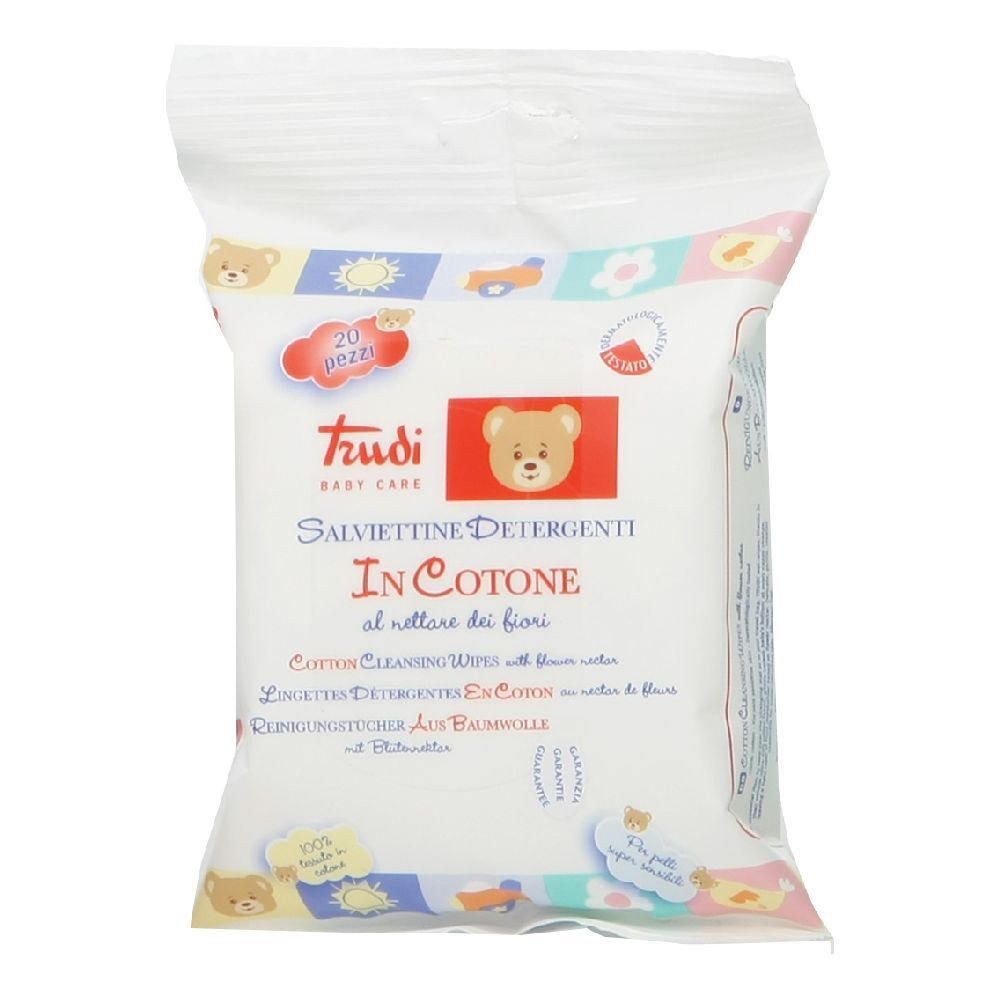 Paquet de lingettes. Texte: Trudi Baby Care, In Cotone, 20 pezzi. Logo ours en peluche.