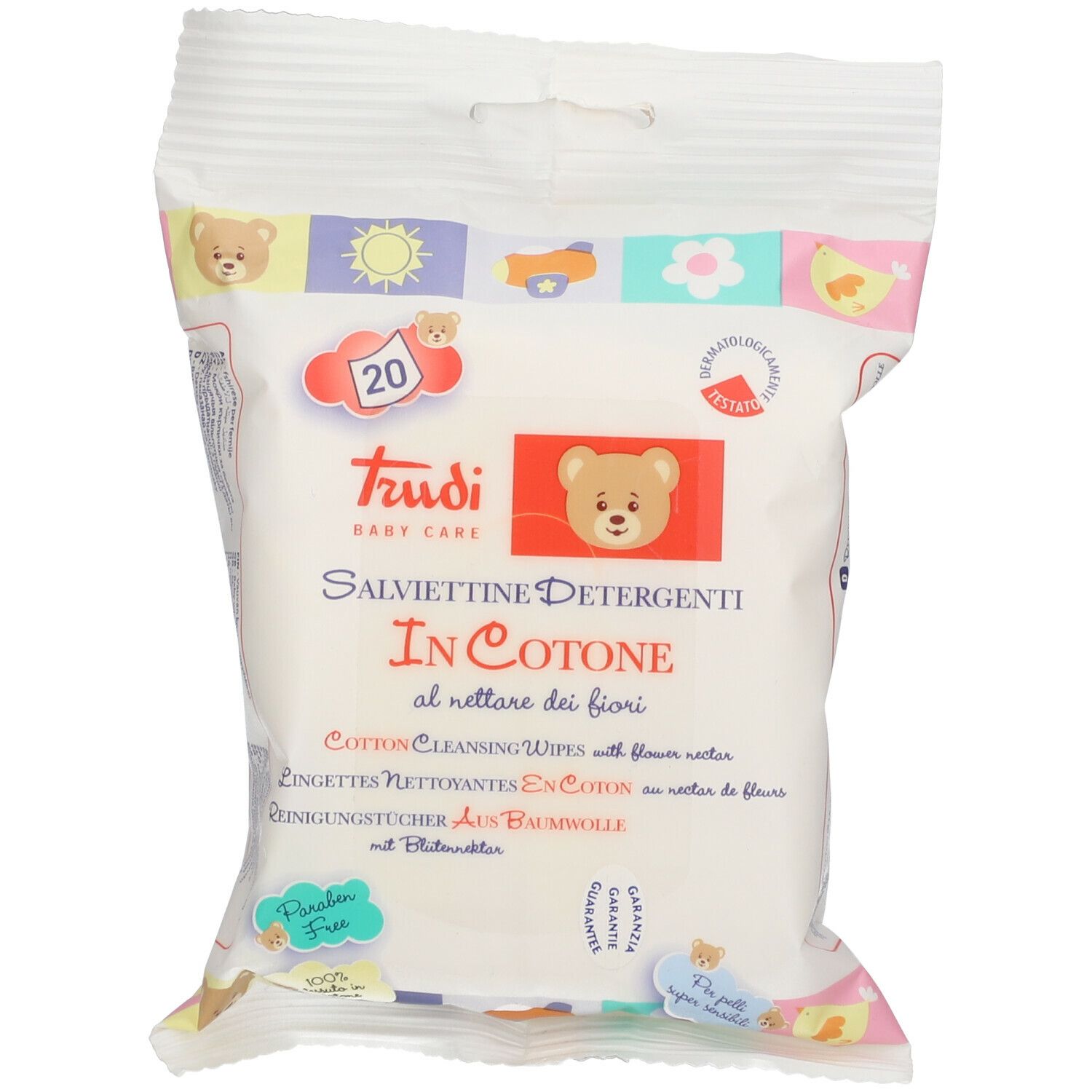 Paquet de lingettes. Texte: Trudi Baby Care, In Cotone, 20 pezzi. Testé dermatologiquement.