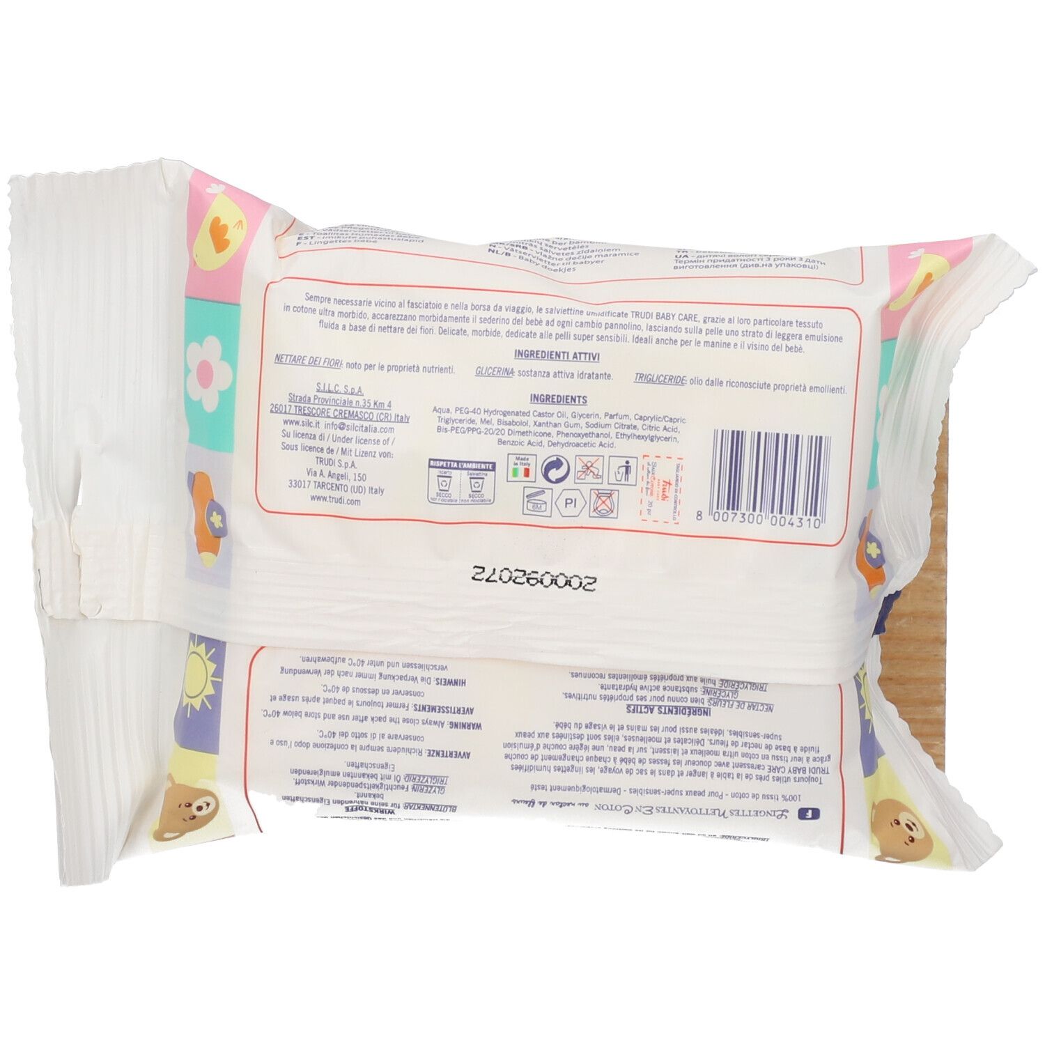 Dos de deux paquets de lingettes. Texte et symboles. Informations produit.