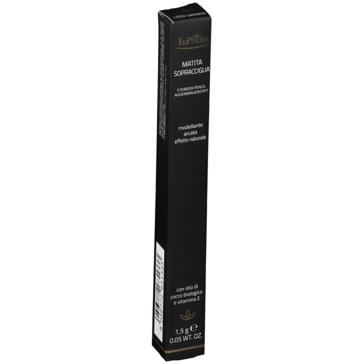 Emballage noir avec informations produit. Contient EuPhidra crayon à sourcils LS02 Braun. 1,5 g.