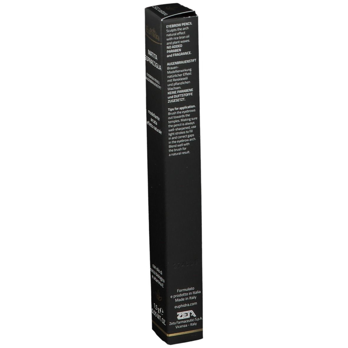 Emballage noir avec informations produit. Contient EuPhidra crayon à sourcils LS02 Braun. 1,5 g.