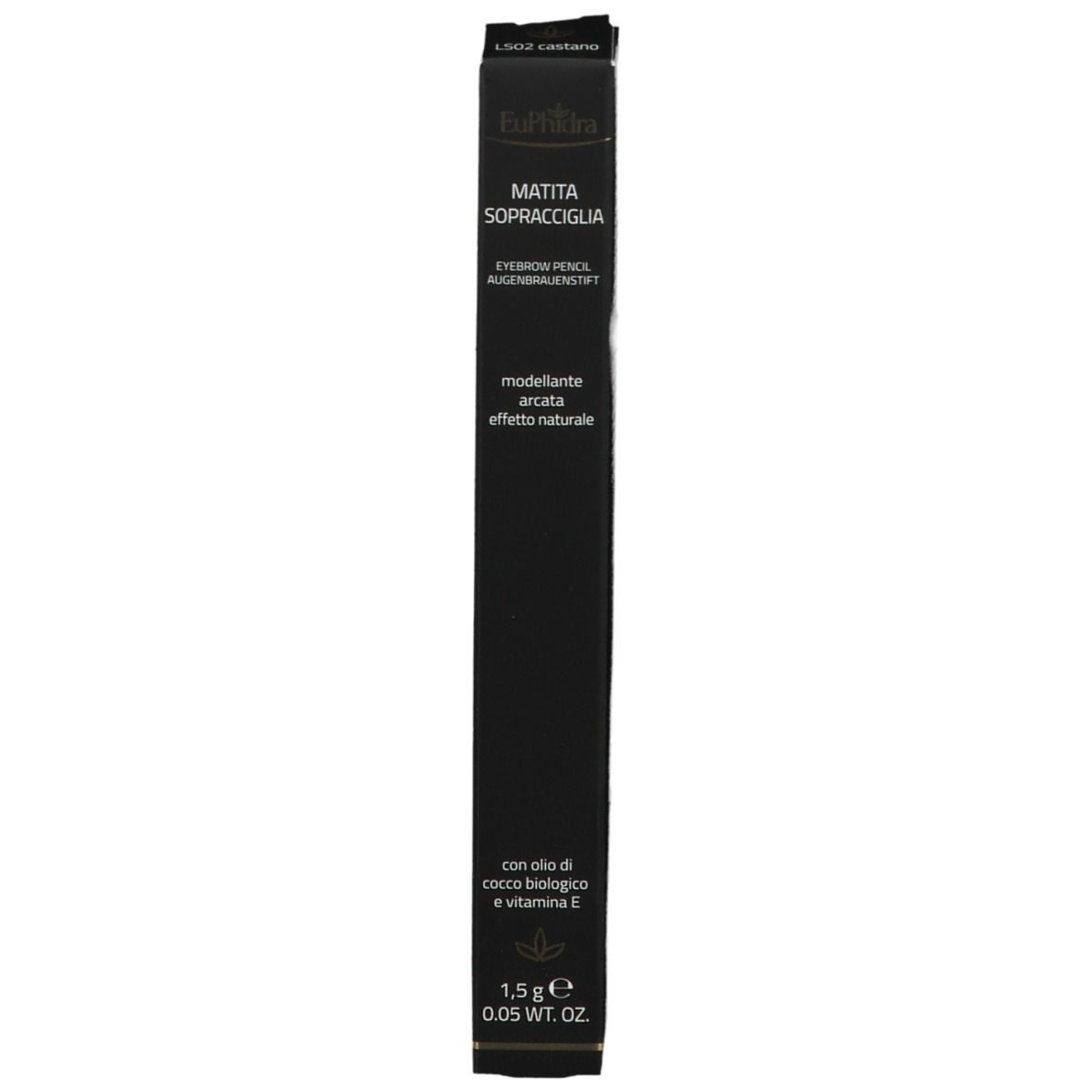 Emballage noir avec informations produit. Contient EuPhidra crayon à sourcils LS02 Braun. 1,5 g.