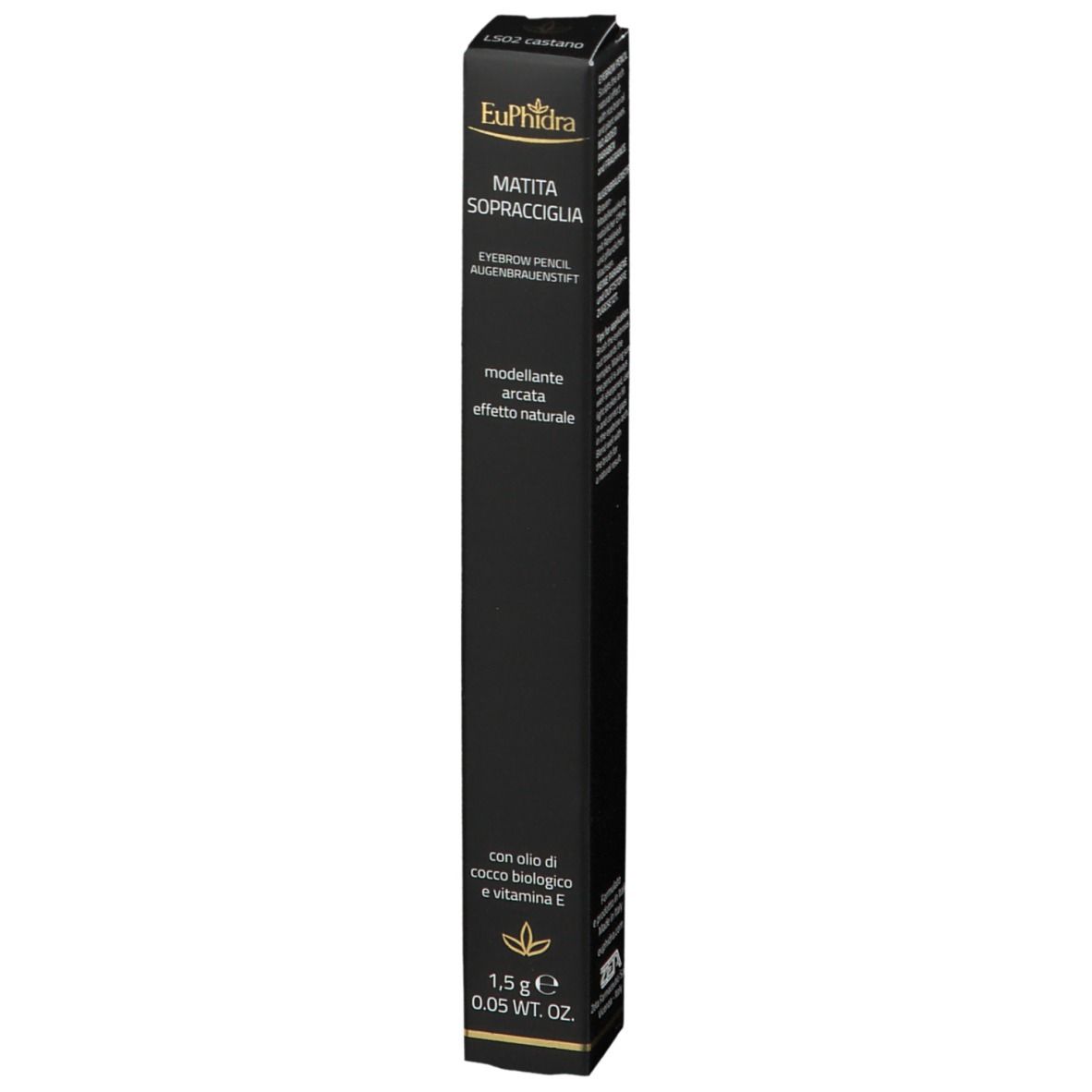 Emballage noir avec informations produit. Contient EuPhidra crayon à sourcils LS02 Braun. 1,5 g.