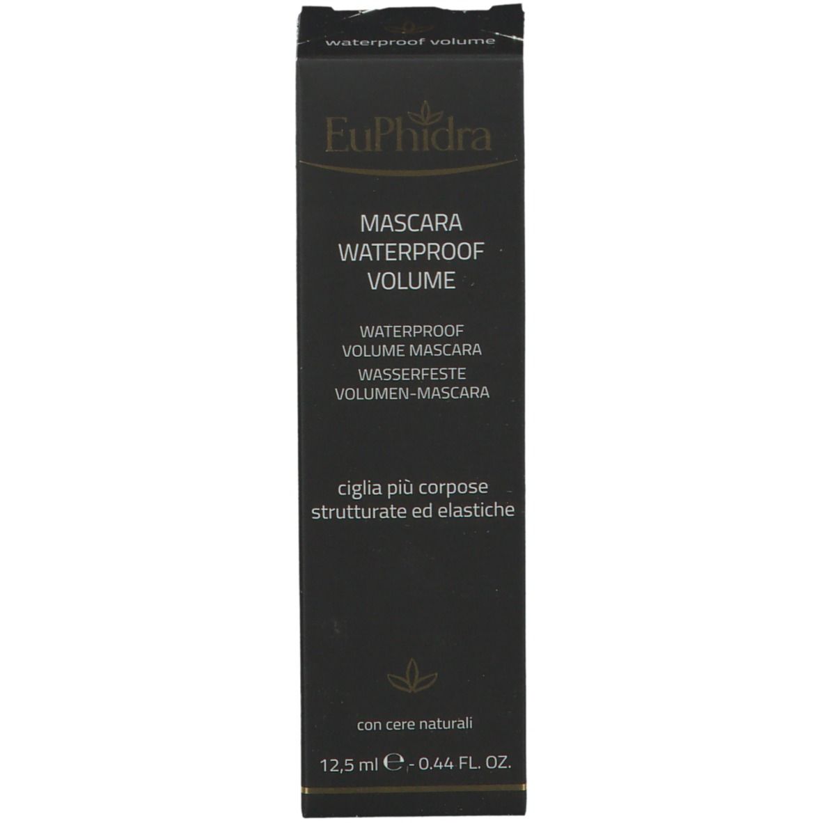 Schwarze Schachtel mit Text und Logo. Enthält Mascara.