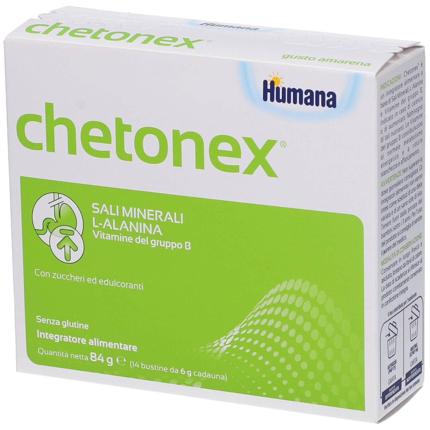 Verpackung von Humana chetoNex. Weiß und grün, mit Produktnamen und Inhaltsstoffen. Enthält 14 Beutel.