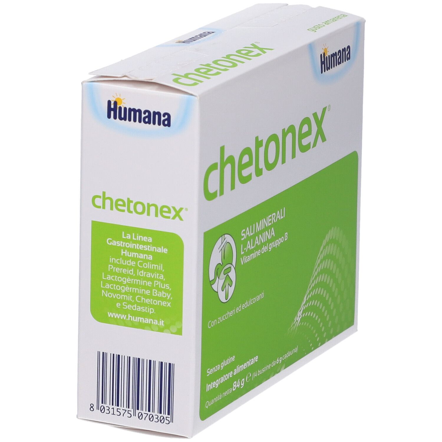 Humana chetoNex-Verpackung, schräg. Weiß und grün, mit Produktnamen und Inhaltsstoffen. Barcode sichtbar.