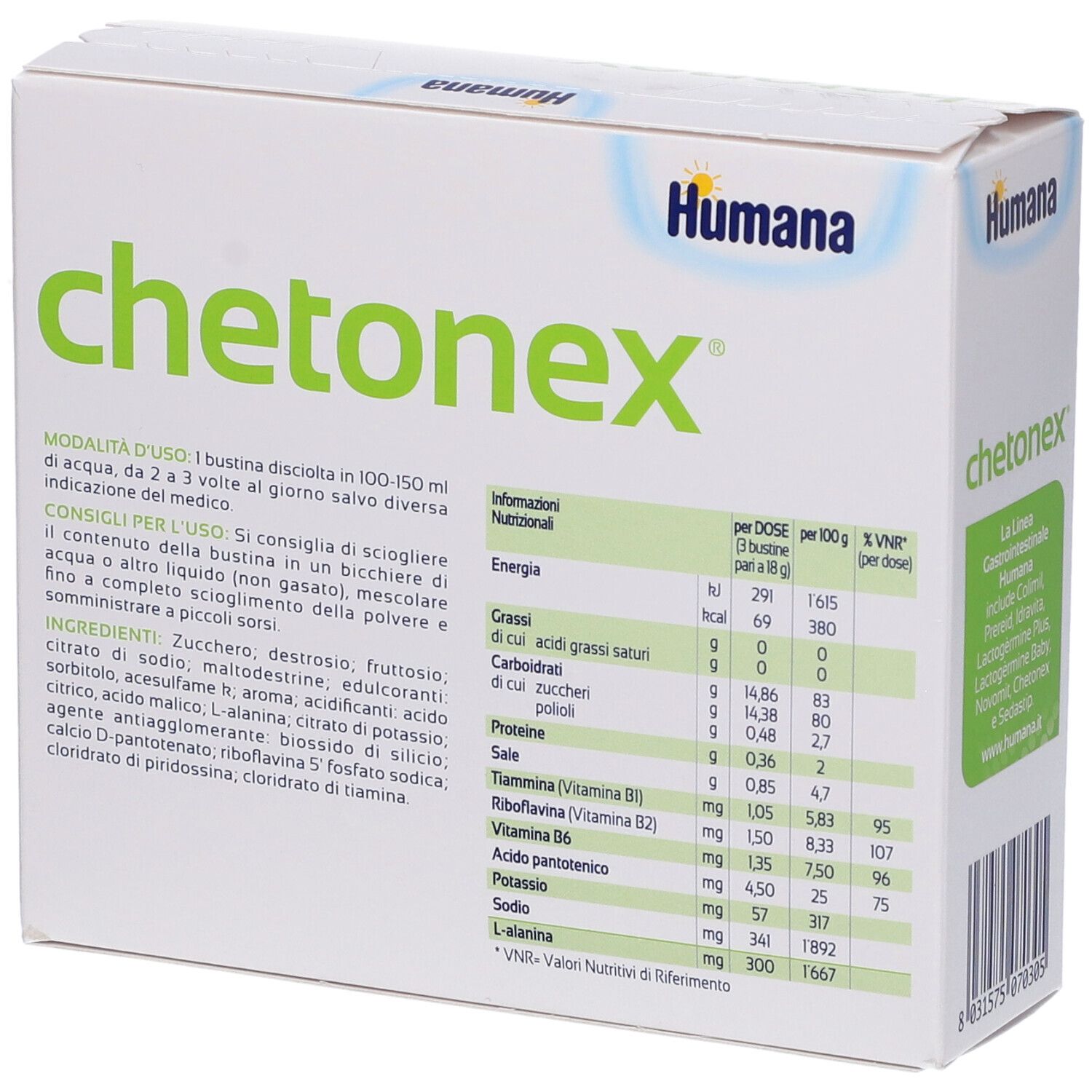 Humana chetoNex-Verpackung, Rückseite. Enthält Nährwertangaben und Anwendungshinweise. Weiß und grün.