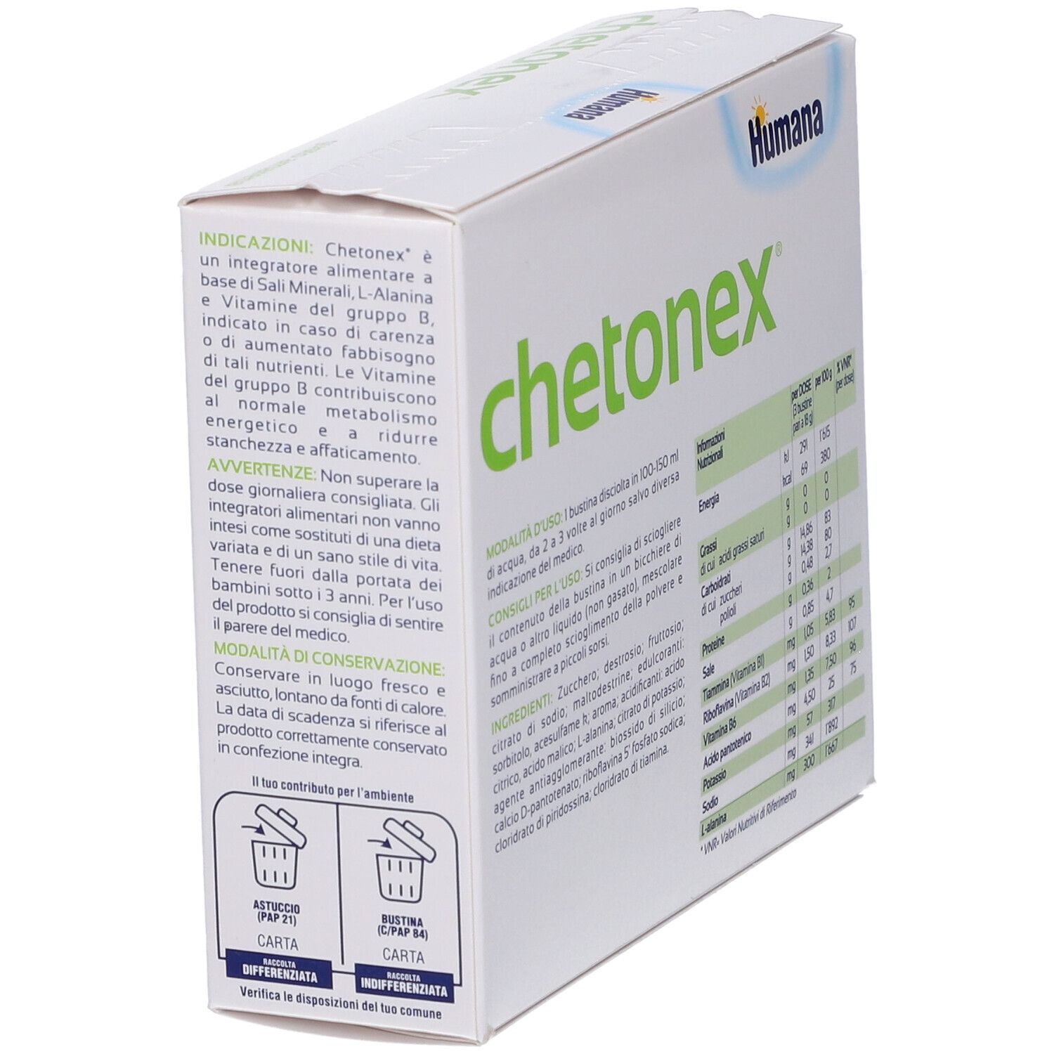 Humana chetoNex-Verpackung, schräg. Enthält Anwendungshinweise und Inhaltsstoffe. Weiß und grün.