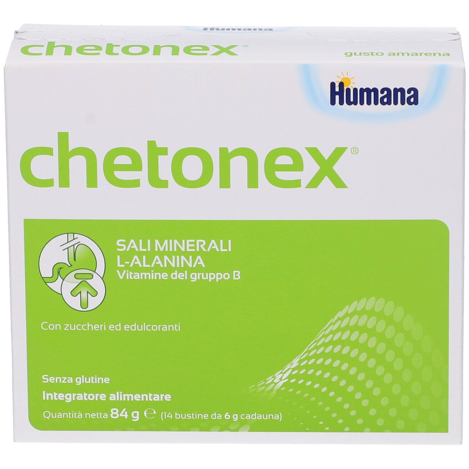 Humana chetoNex-Verpackung. Weiß und grün, mit Produktnamen und Inhaltsstoffen. Enthält 14 Beutel.