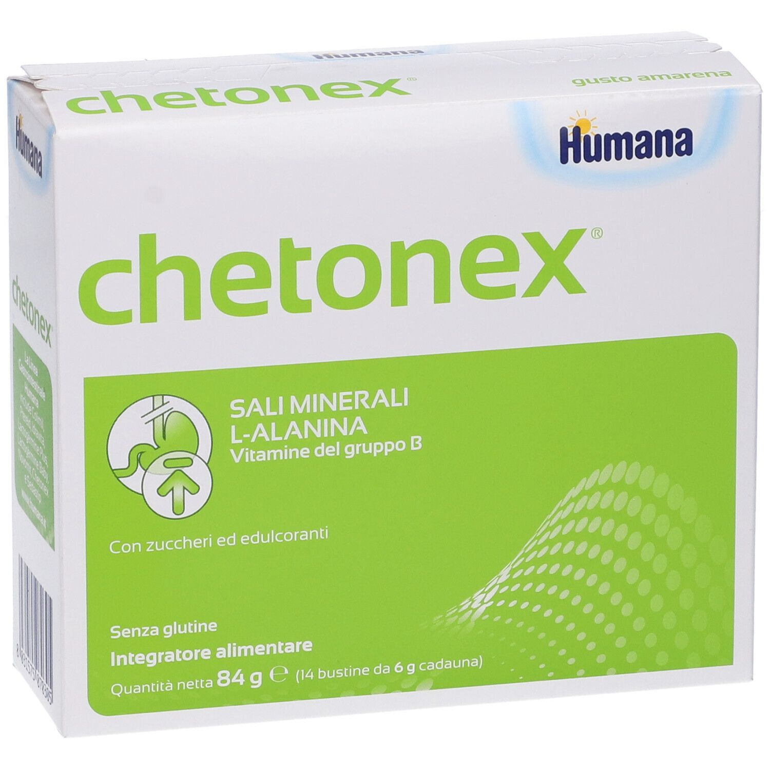 Humana chetoNex-Verpackung. Weiß und grün, mit Produktnamen und Inhaltsstoffen. Enthält 14 Beutel.