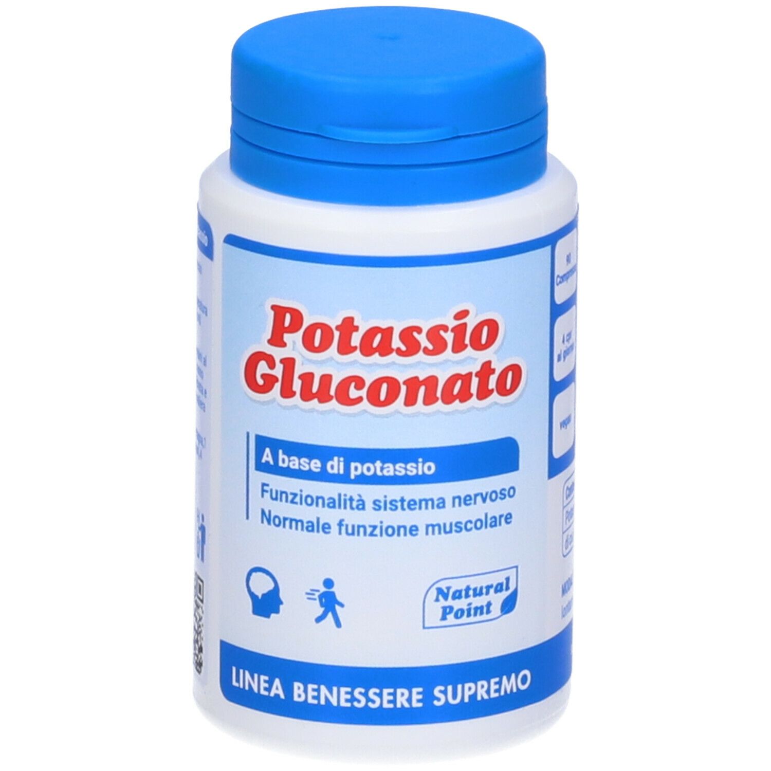 Weiße Flasche mit blauem Deckel. Aufschrift: Potassio Gluconato. Text: A base di potassio, Funzionalità sistema nervoso.