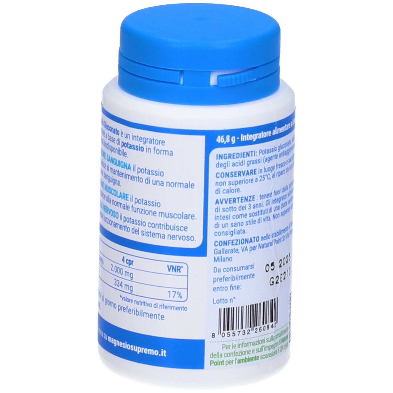 Rückansicht der weißen Flasche mit blauem Deckel. Text: Inhaltsstoffe, Nährwertangaben. Produktname: Potassio Gluconato.