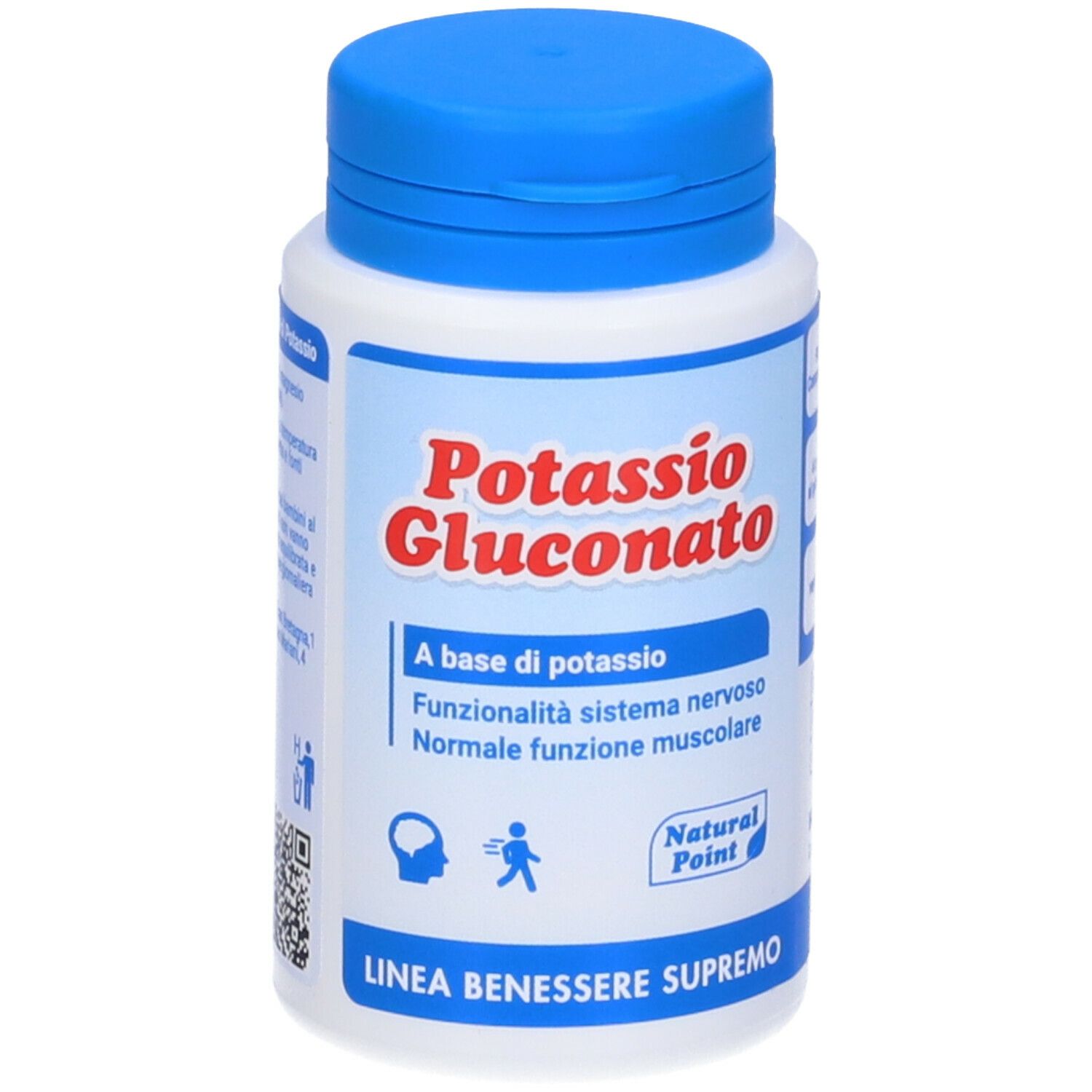 Weiße Flasche mit blauem Deckel. Aufschrift: Potassio Gluconato. Text: A base di potassio, Funzionalità sistema nervoso.