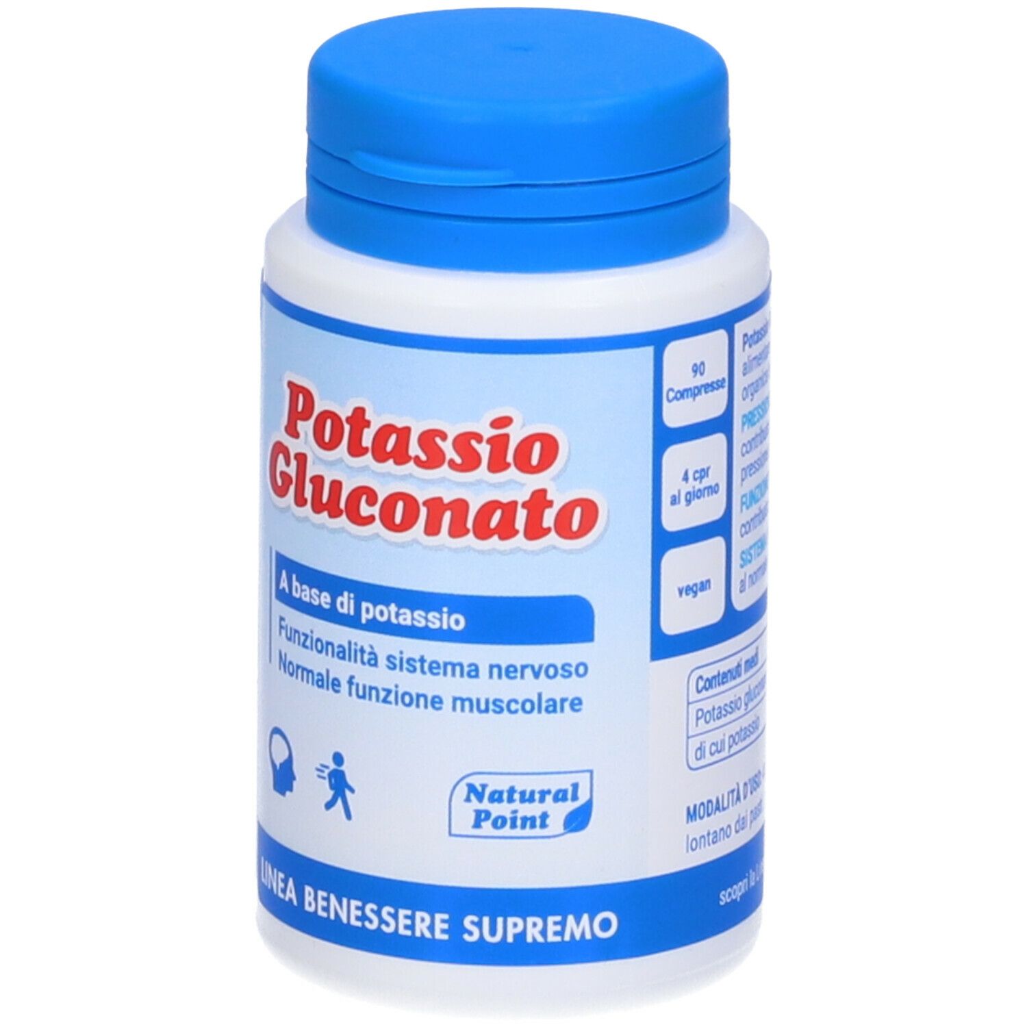 Weiße Flasche mit blauem Deckel. Aufschrift: Potassio Gluconato. Text: 90 compresse, 4 cpr al giorno, vegan.