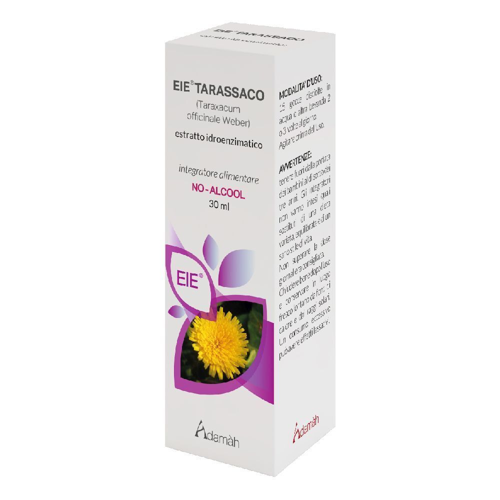 Boîte avec impression du produit. Inscription : EIE Tarassaco, Taraxacum officinale, 30 ml, NO-ALCOOL.
