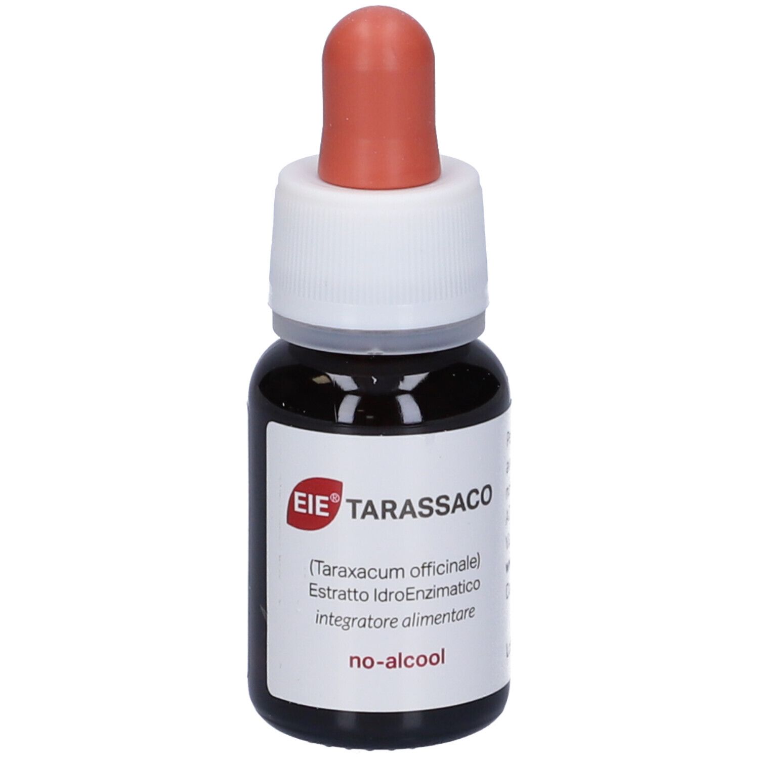 Flacon en verre brun avec compte-gouttes. Inscription : EIE Tarassaco, Taraxacum officinale, 30 ml, NO-ALCOOL.