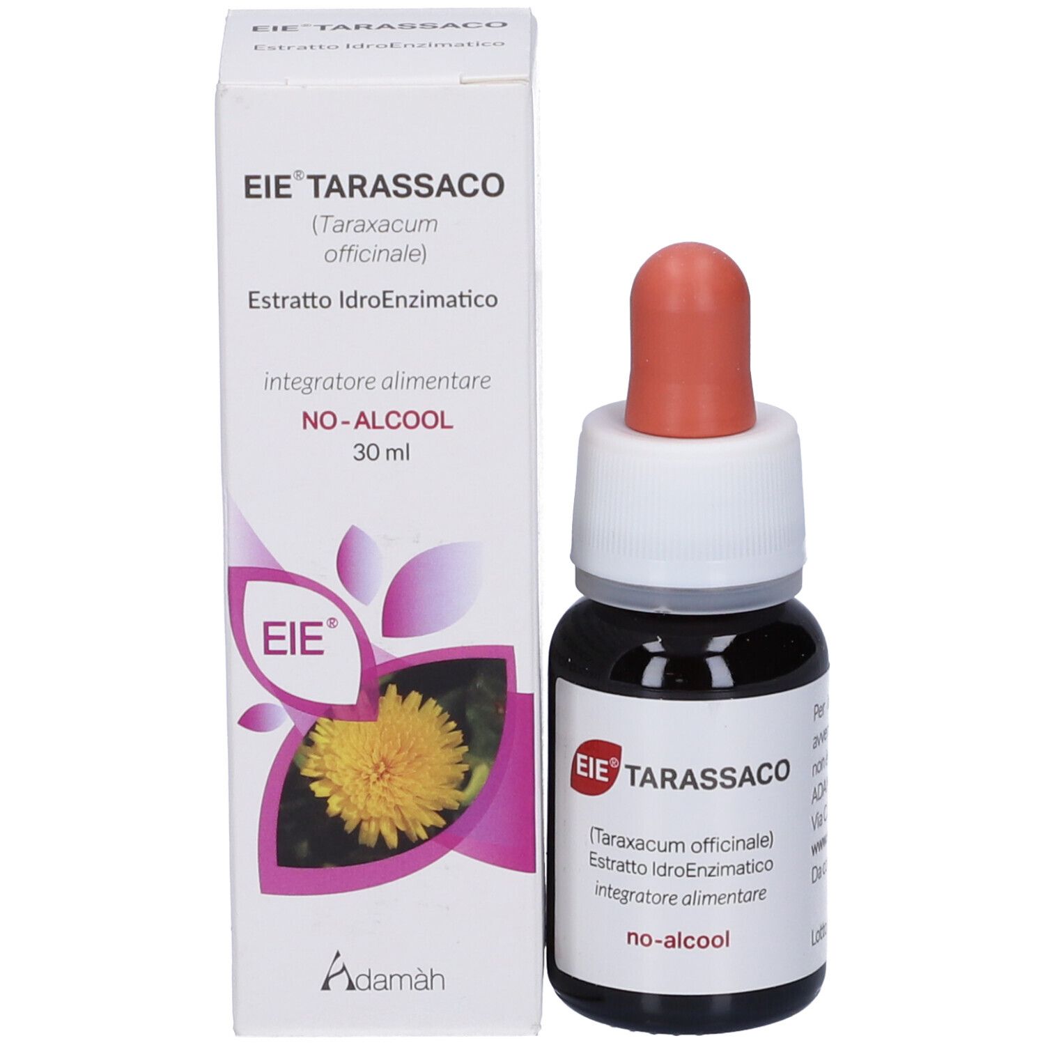Flacon en verre brun avec compte-gouttes et boîte. Inscription : EIE Tarassaco, Taraxacum officinale, 30 ml, NO-ALCOOL.