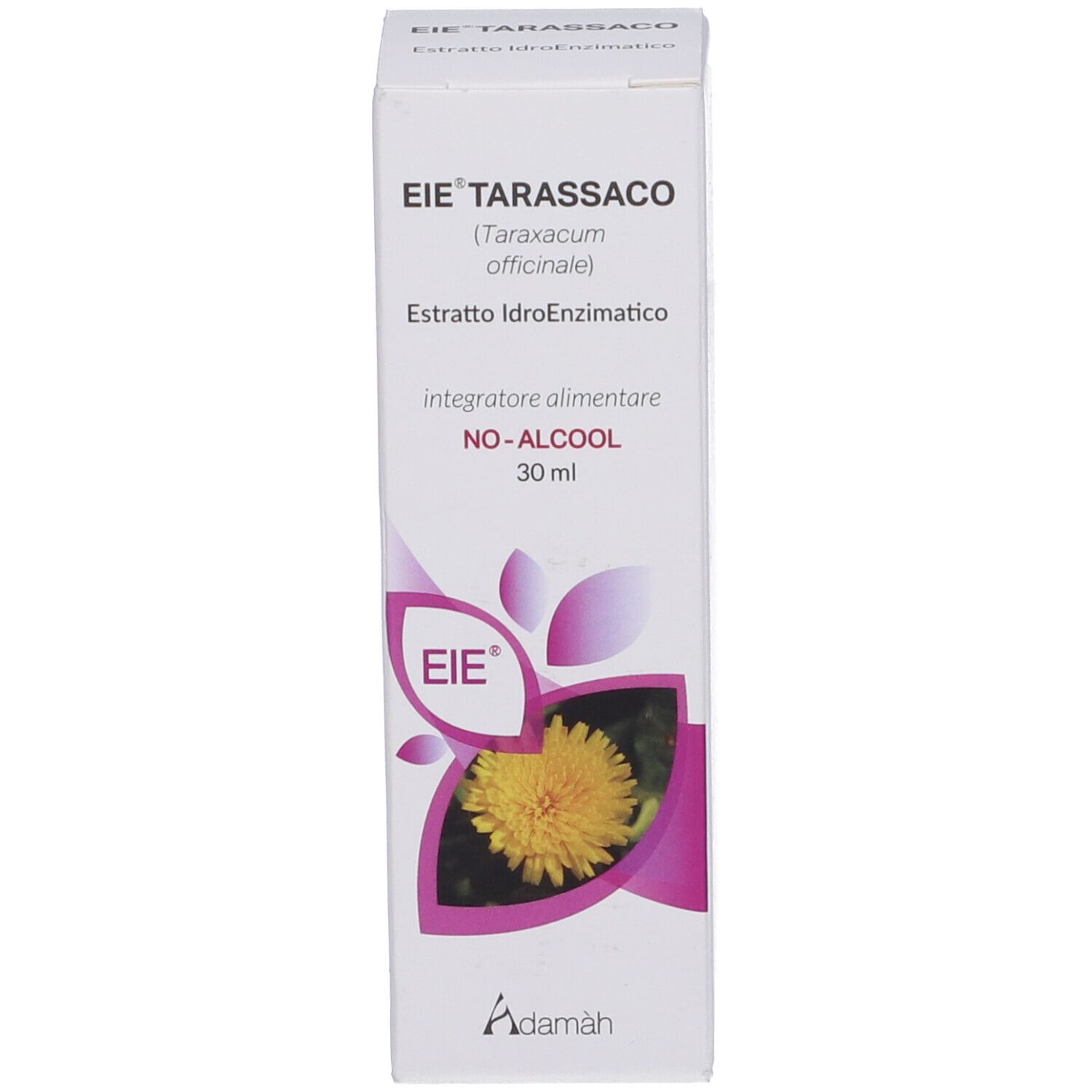 Boîte avec impression du produit. Inscription : EIE Tarassaco, Taraxacum officinale, 30 ml, NO-ALCOOL.