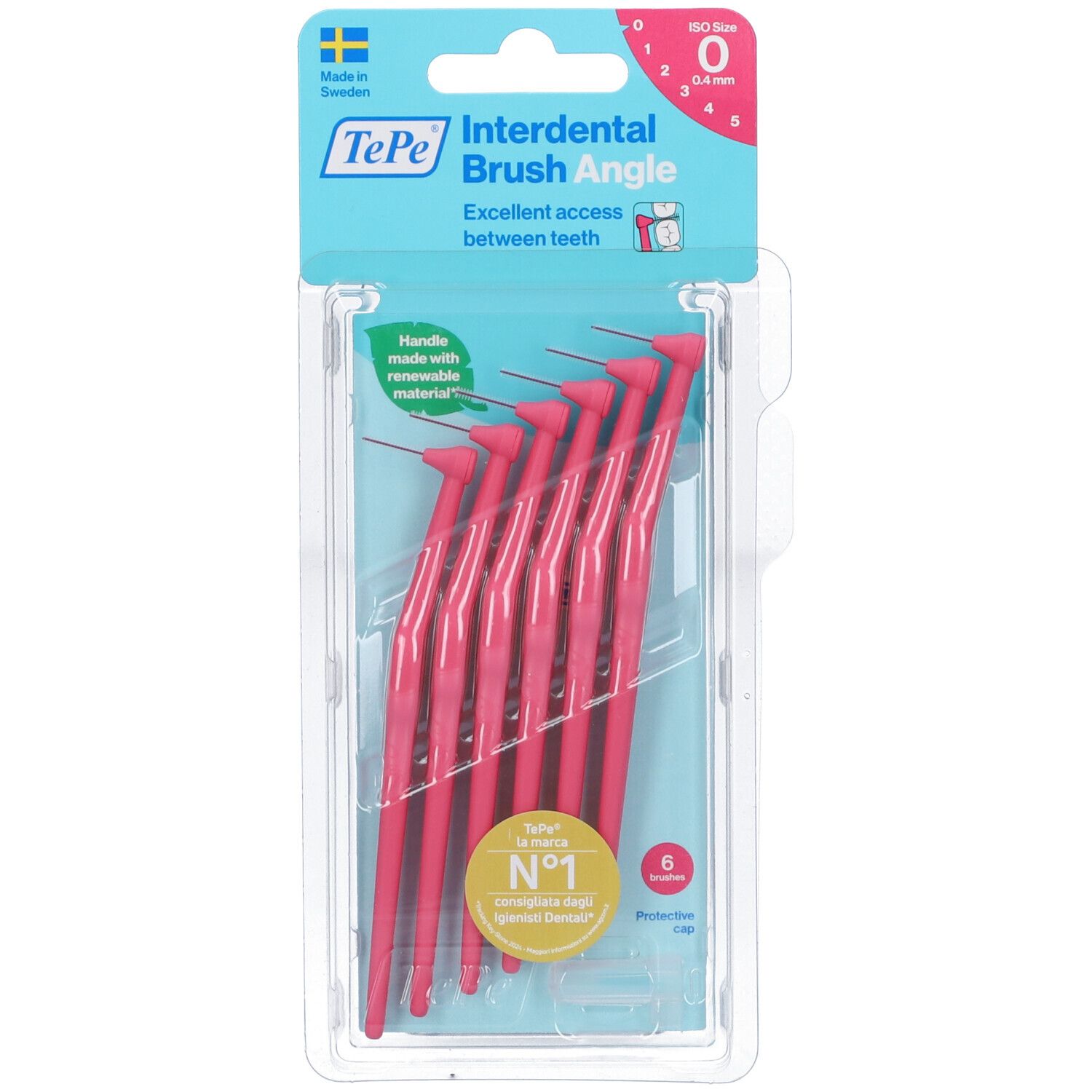 Packung mit sechs pinkfarbenen TePe Angle Interdentalbürsten. Kunststoffgriff, abgewinkelte Bürstenköpfe. Verpackung mit Produktinformationen.