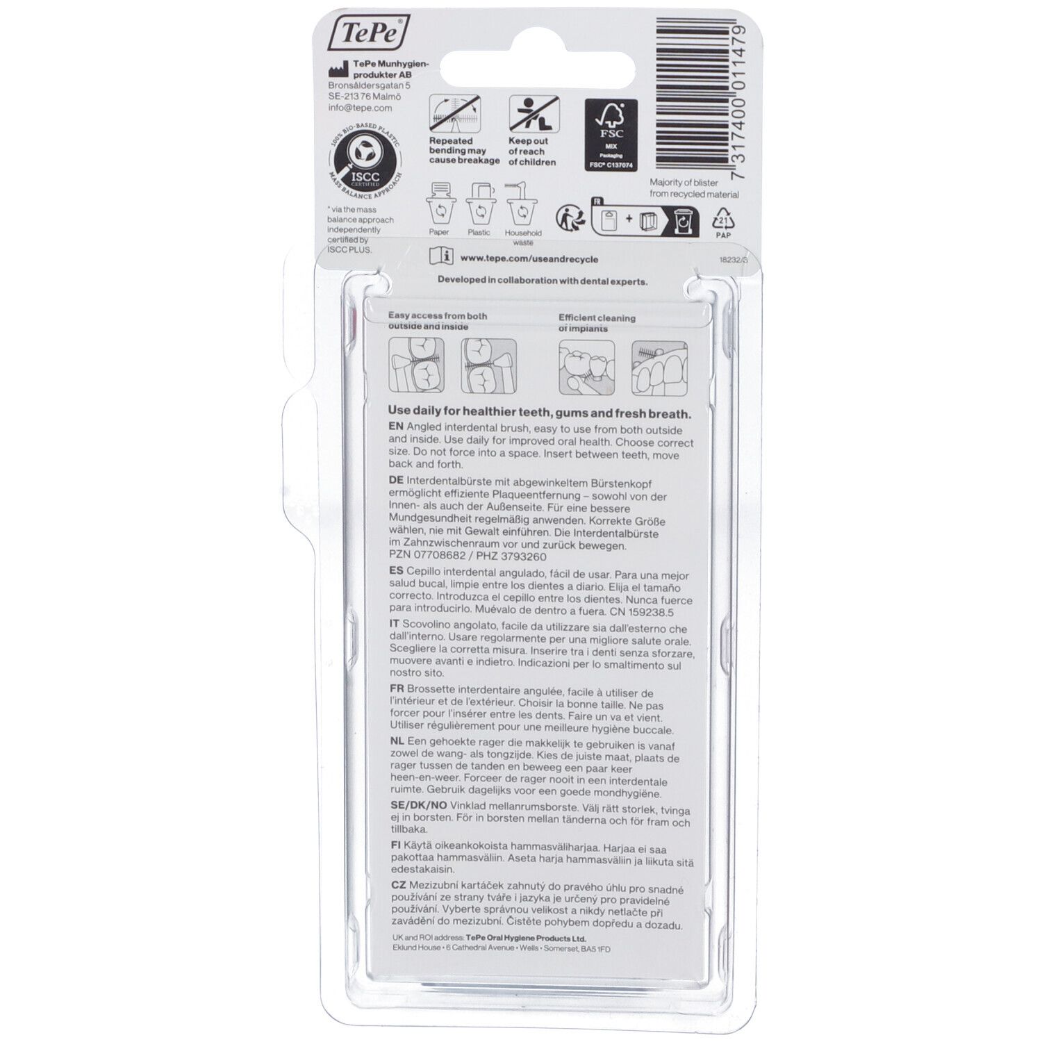 Rückseite der Verpackung mit Produktinformationen. Text in mehreren Sprachen. Abbildungen zur Anwendung. Recycling-Hinweise.