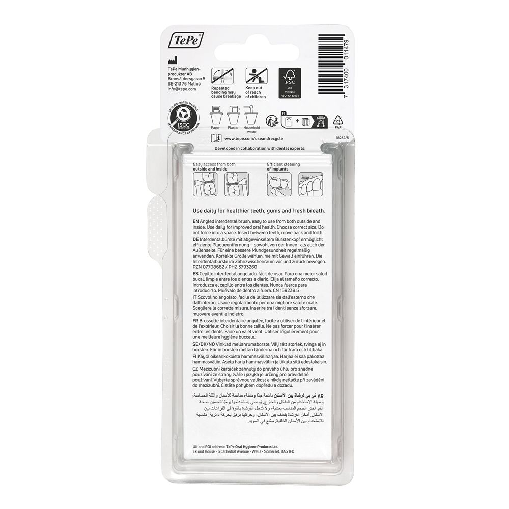 Verpackung von TePe Interdentalbürsten mit Informationen zur Anwendung und Entsorgung.