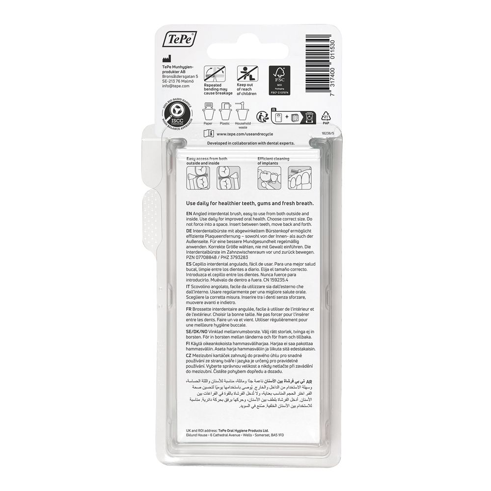 Rückseite einer TePe Interdentalbürsten-Verpackung mit Anwendungshinweisen und Produktinformationen.