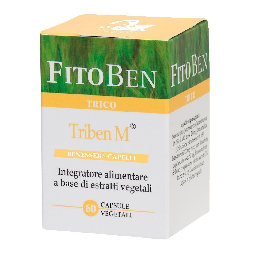 Boîte de "FitoBen Triben M" capsules. Inscription: "Integratore alimentare a base di estratti vegetali". 60 capsules.
