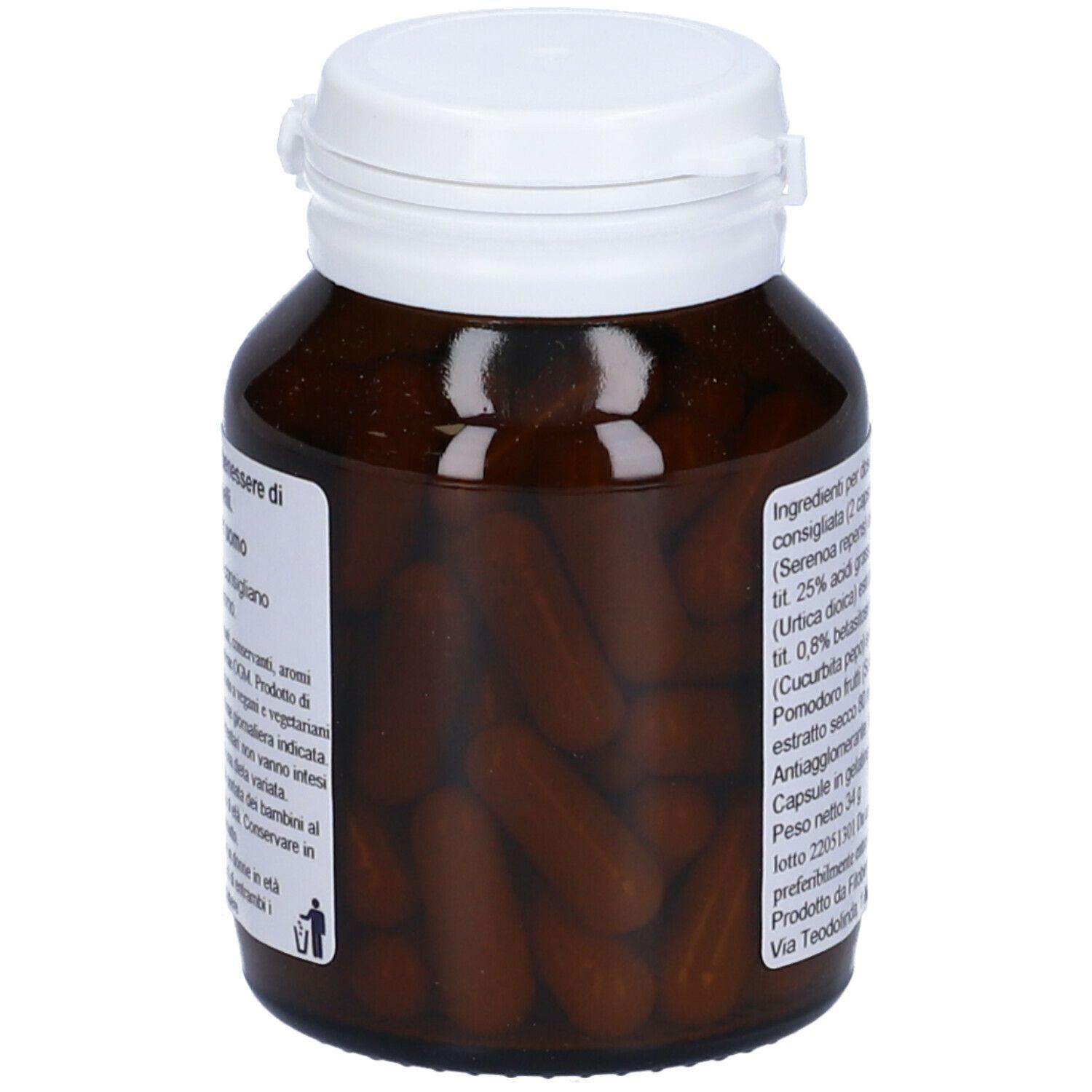 Flacon en verre brun avec couvercle blanc. Capsules visibles. Étiquette avec ingrédients et informations.