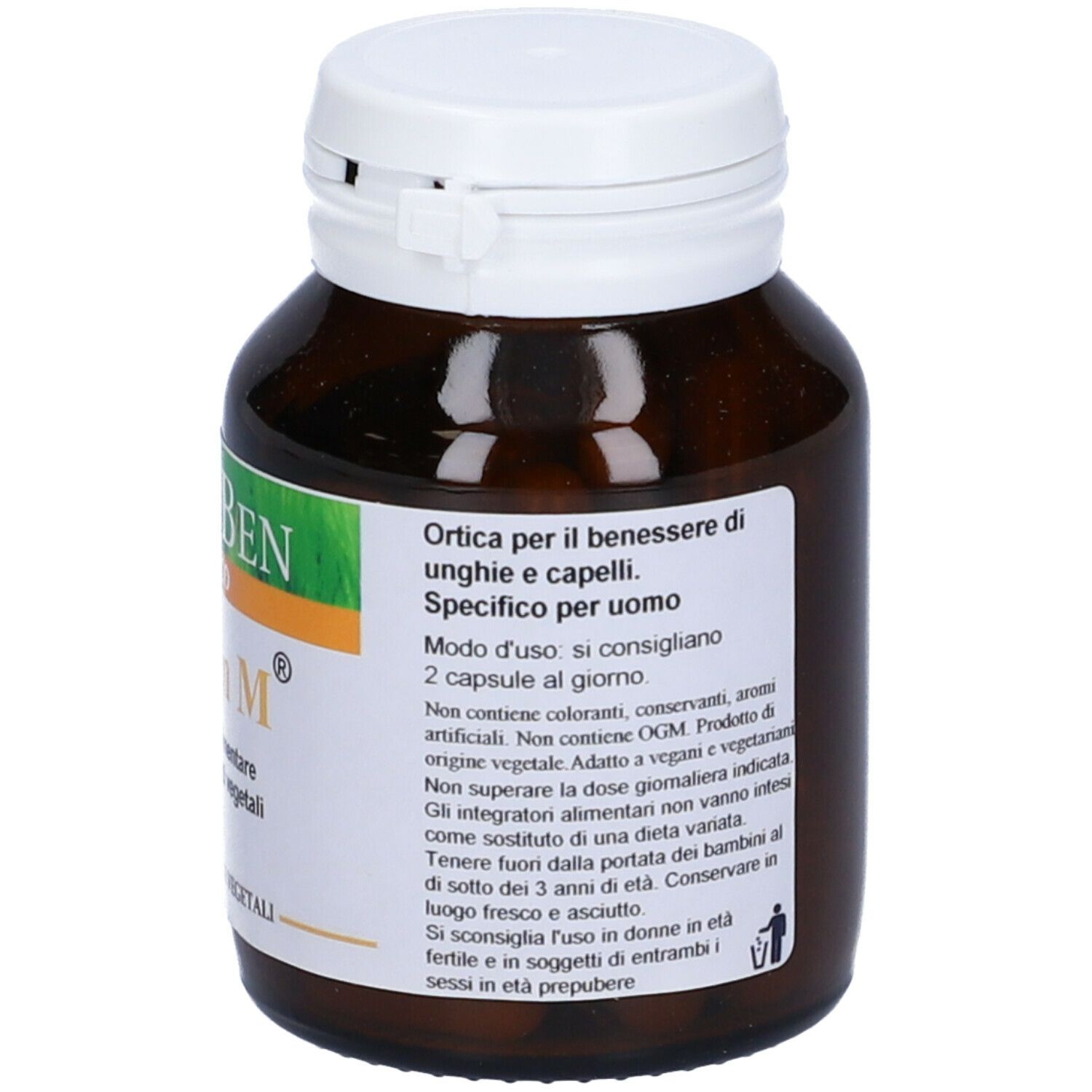 Flacon en verre brun avec couvercle blanc. Inscription: "FitoBen Triben M". Étiquette avec informations. Capsules.