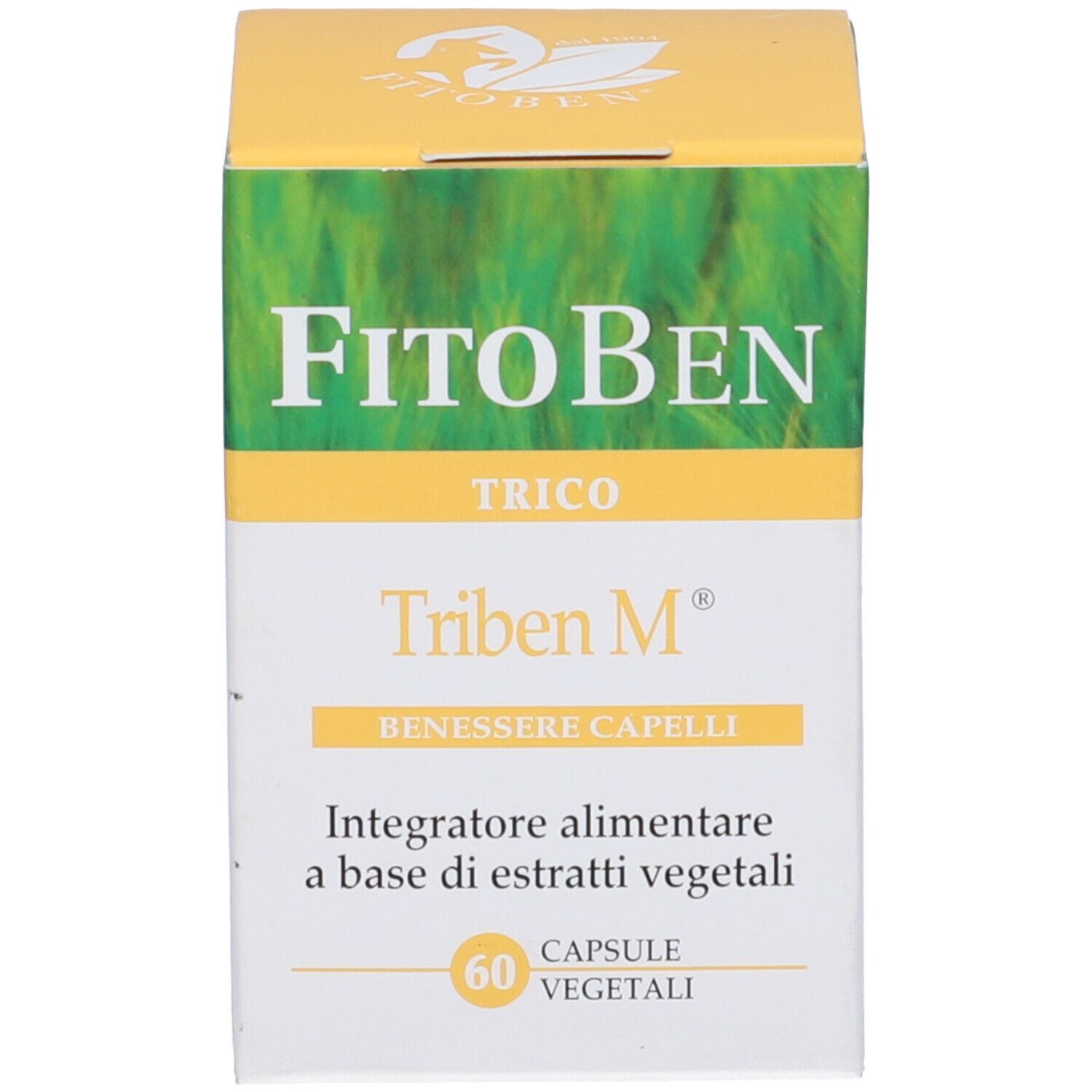 Boîte de "FitoBen Triben M" capsules. Inscription: "Integratore alimentare a base di estratti vegetali". 60 capsules.