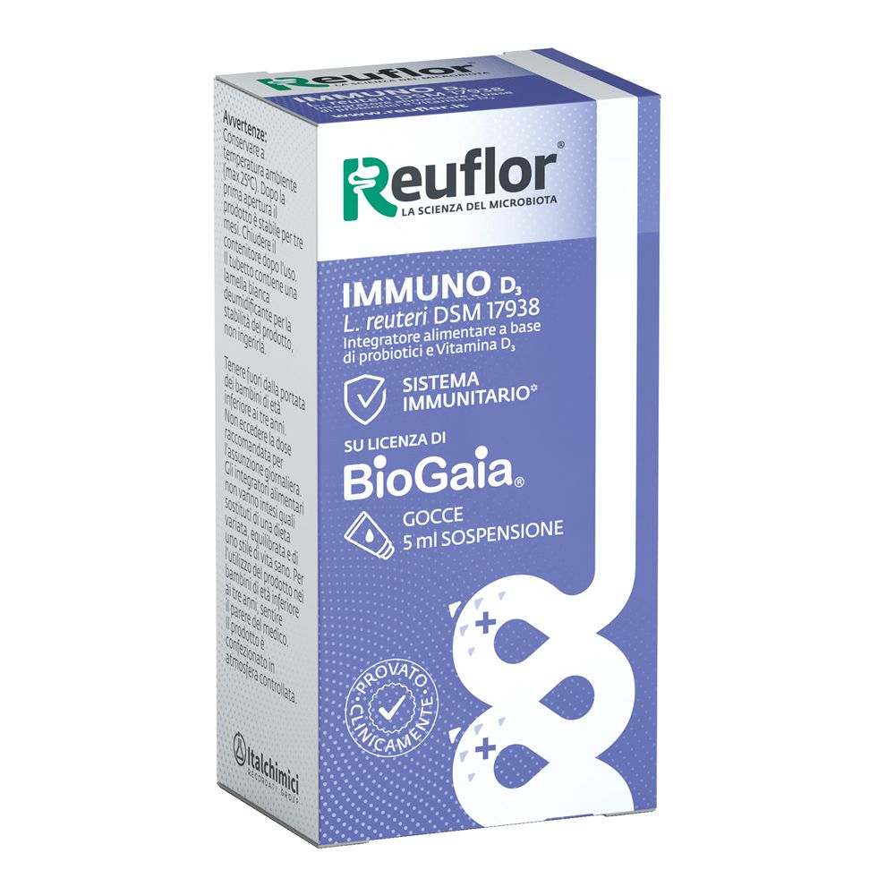 Reuflor D3 Gocce: Boîte en carton, vue de face et de côté avec informations produit et instructions d'utilisation.