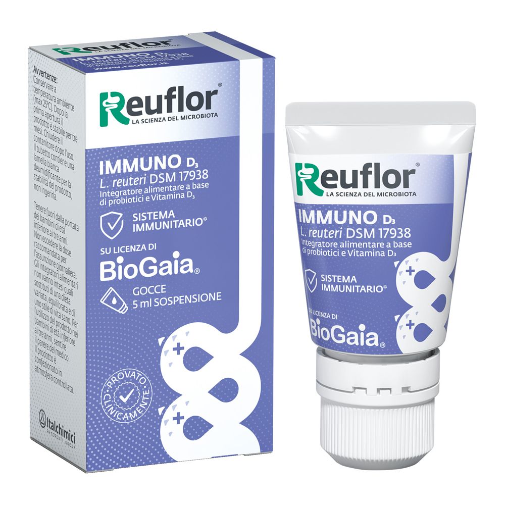 Reuflor D3 Gocce: Boîte en carton et flacon compte-gouttes de 5 ml de suspension, pour le système immunitaire.
