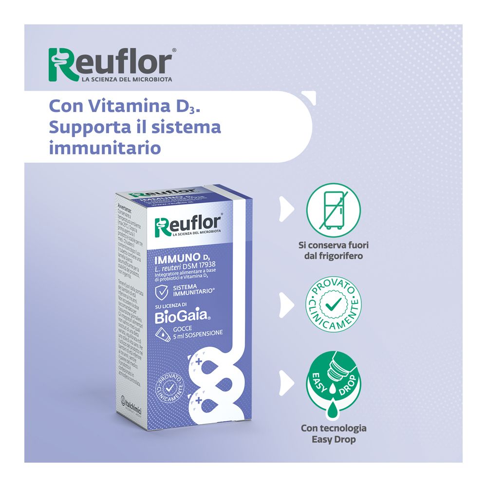 Reuflor D3 Gocce: Boîte en carton avec vitamine D3 qui soutient le système immunitaire. Instructions de conservation.
