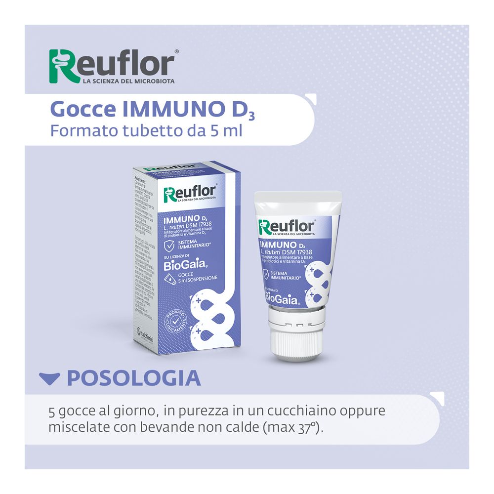 Reuflor D3 Gocce: Boîte en carton et flacon compte-gouttes (5 ml de suspension) pour le système immunitaire.