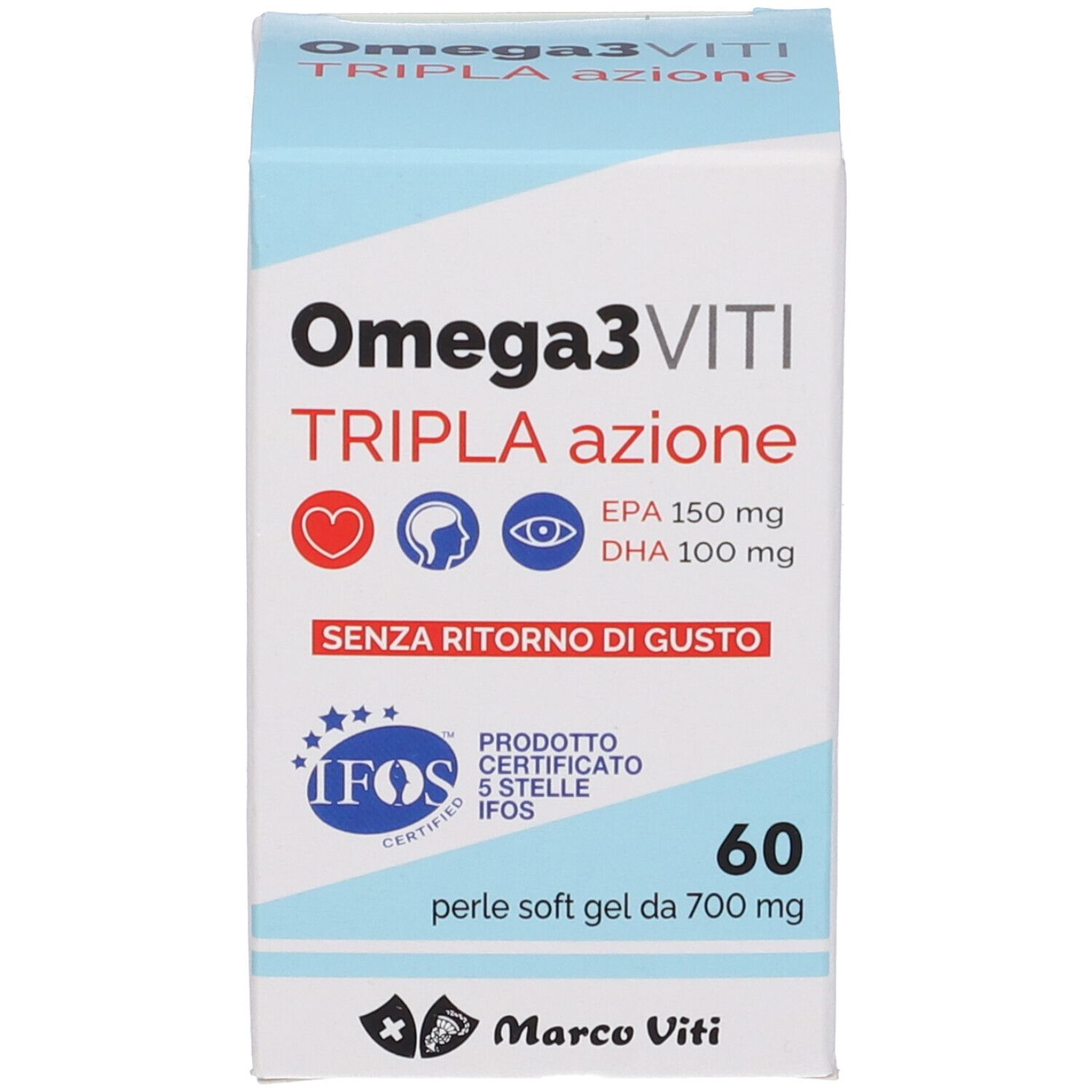 Produktverpackung. Produktname, EPA und DHA-Werte. IFOS-Zertifizierung. 60 Kapseln.