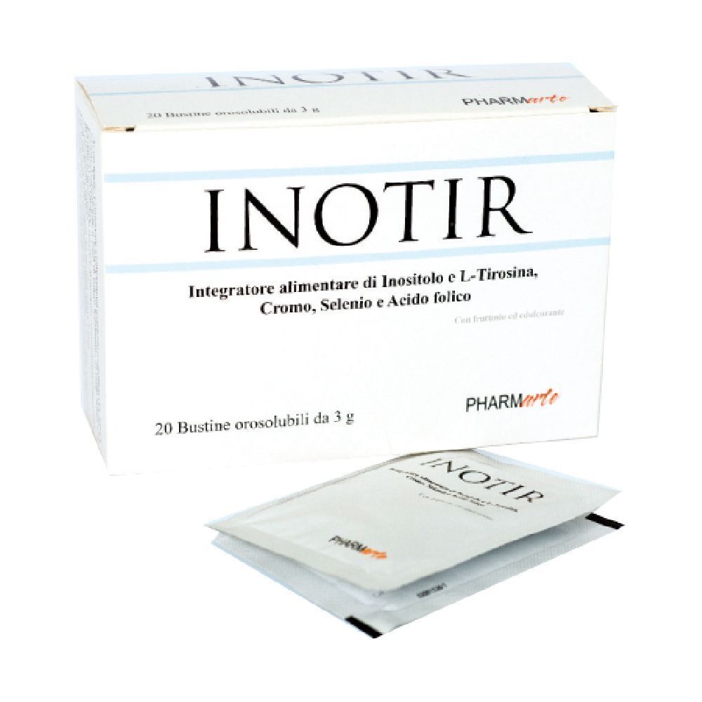 Boîte blanche avec logo "INOTIR". Contient 20 sachets. Marque : Pharmarte. Texte : Integratore alimentare... Inositolo e L-Tirosina...