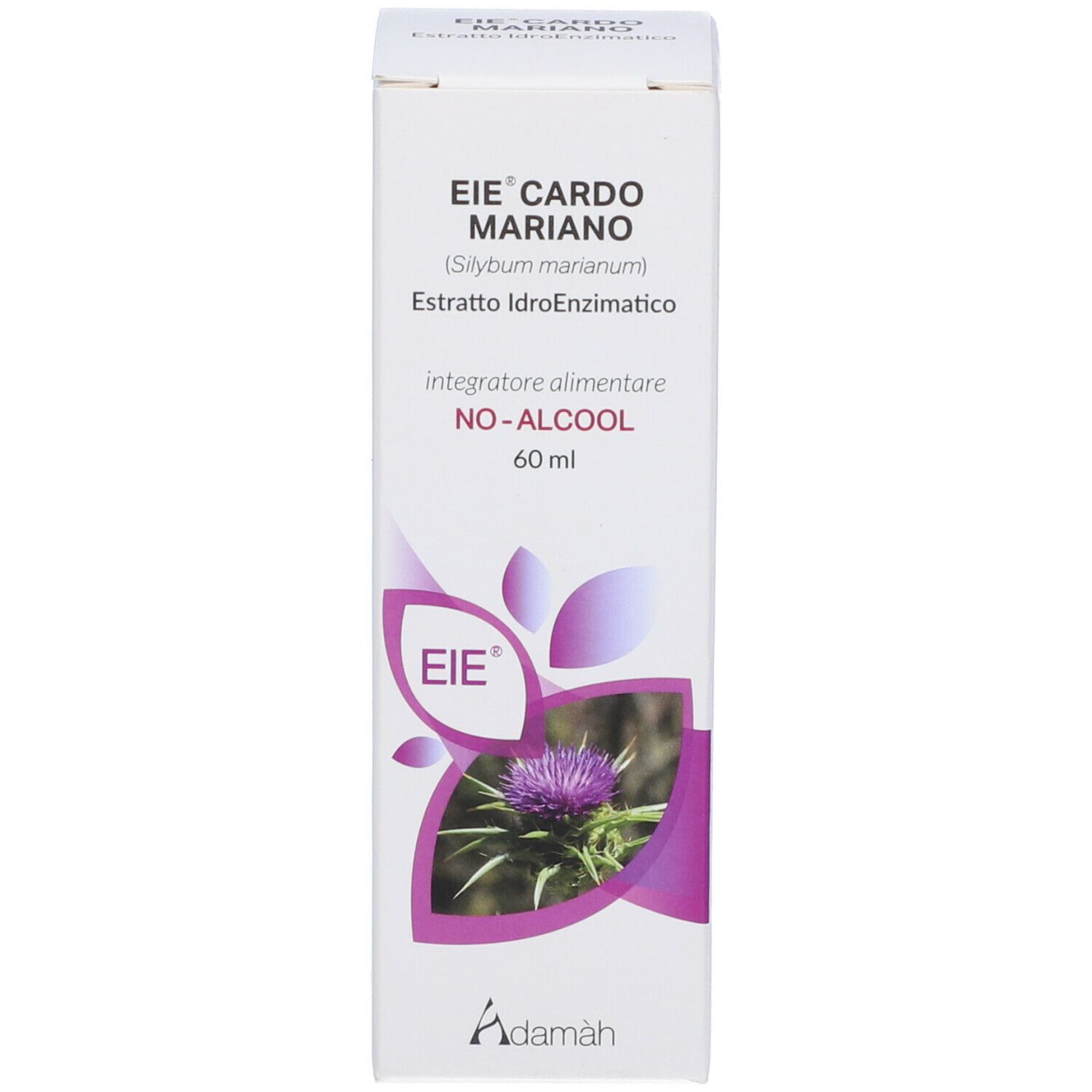 Weiße Schachtel mit Text: EIE Cardo Mariano, 60 ml. Abbildung einer lila Distelblüte.