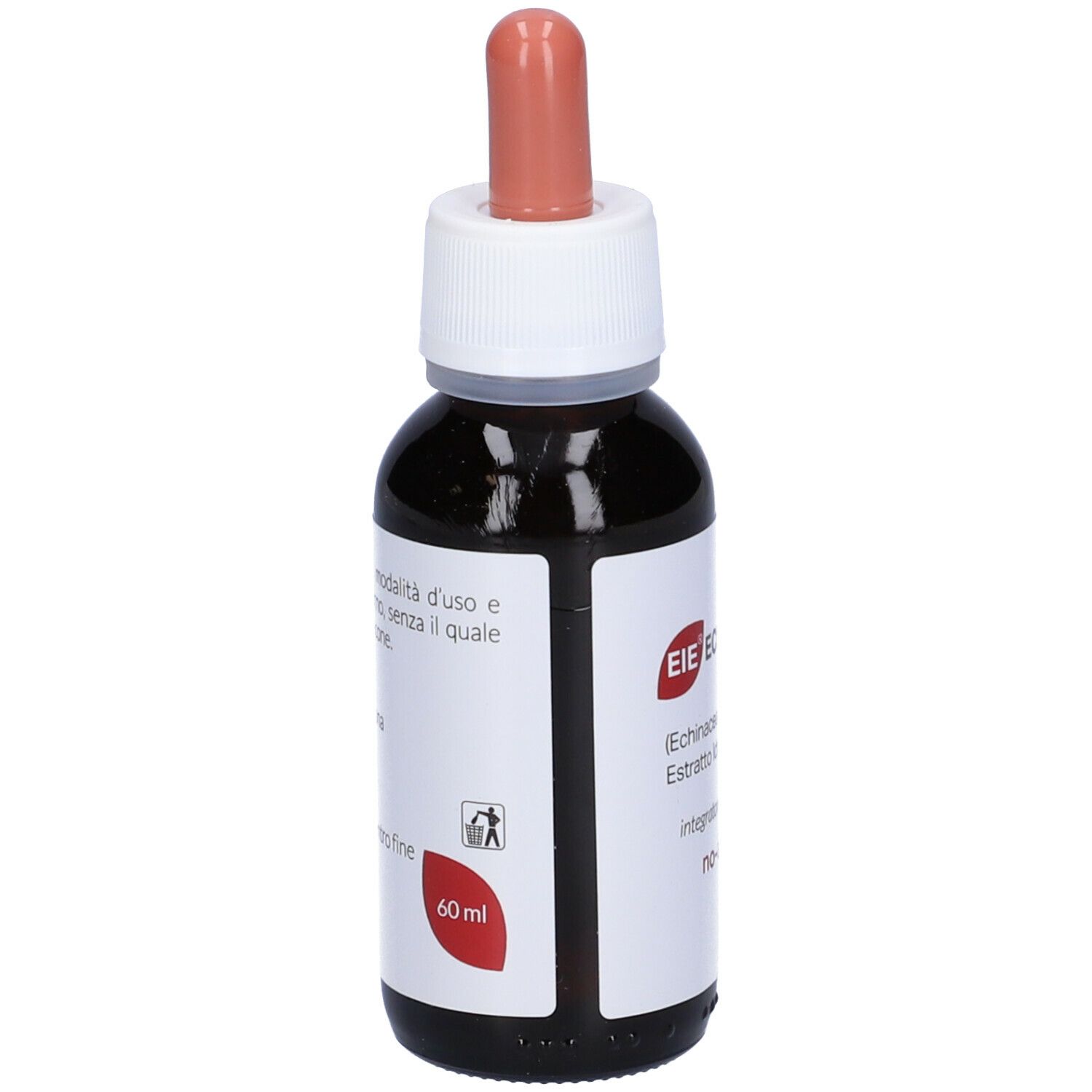 Flacon en verre brun avec compte-gouttes. Inscription: EIE Echinacea. Étiquette avec informations et 60 ml.