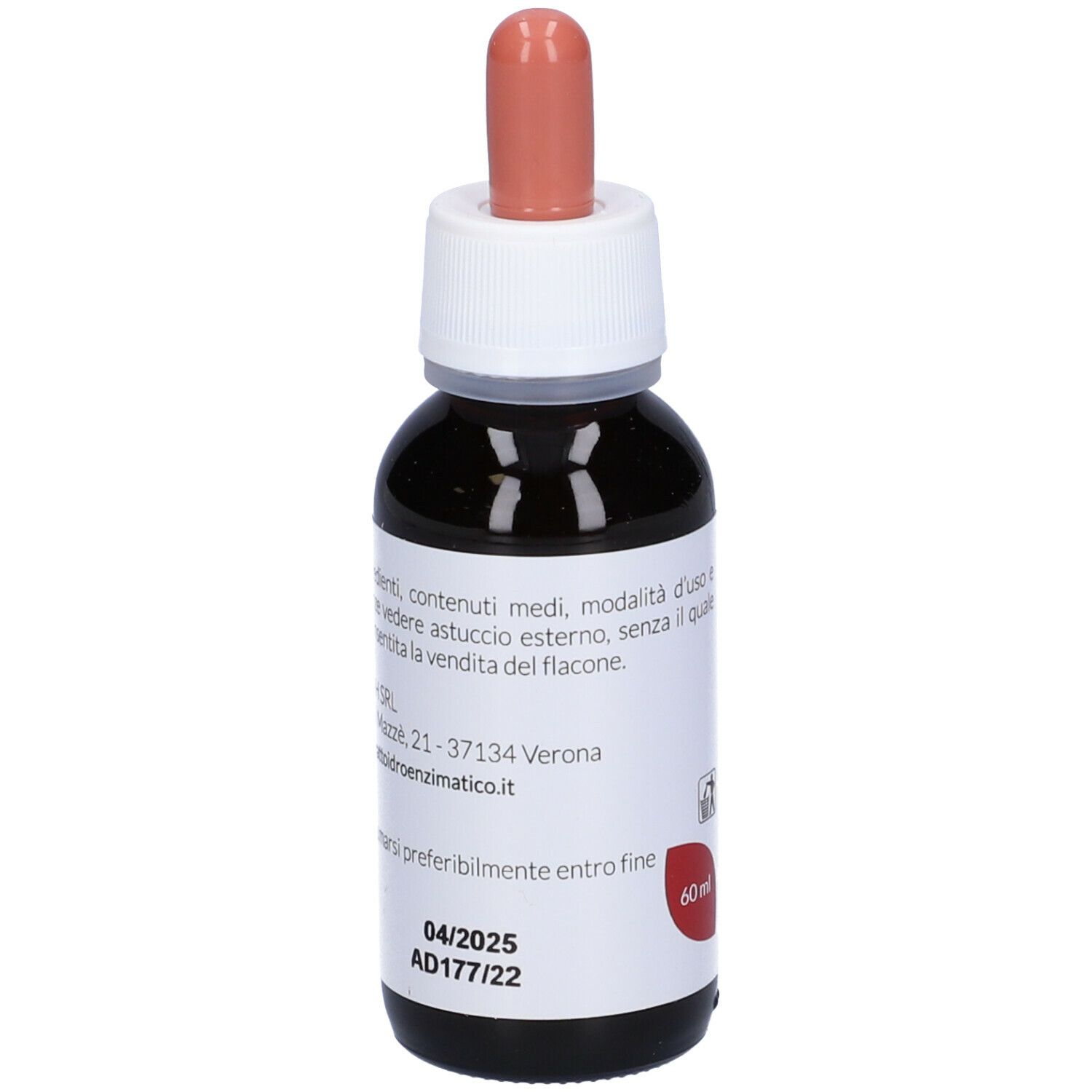 Flacon en verre brun avec compte-gouttes. Inscription: EIE Echinacea. Étiquette avec informations, 60 ml et date de péremption.